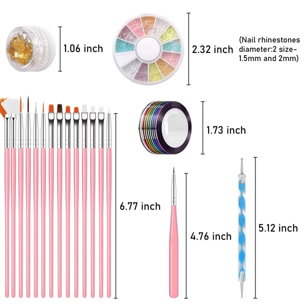 ail Art Kit | Nail Design Kit with 15 Brushes 5 Dotting Pen 10 Striping Tapes Thousands of Rhinestones Gems Crystals 12 Pots Foil Flakes for Nail Arts for Women Teens Beginners Professionals