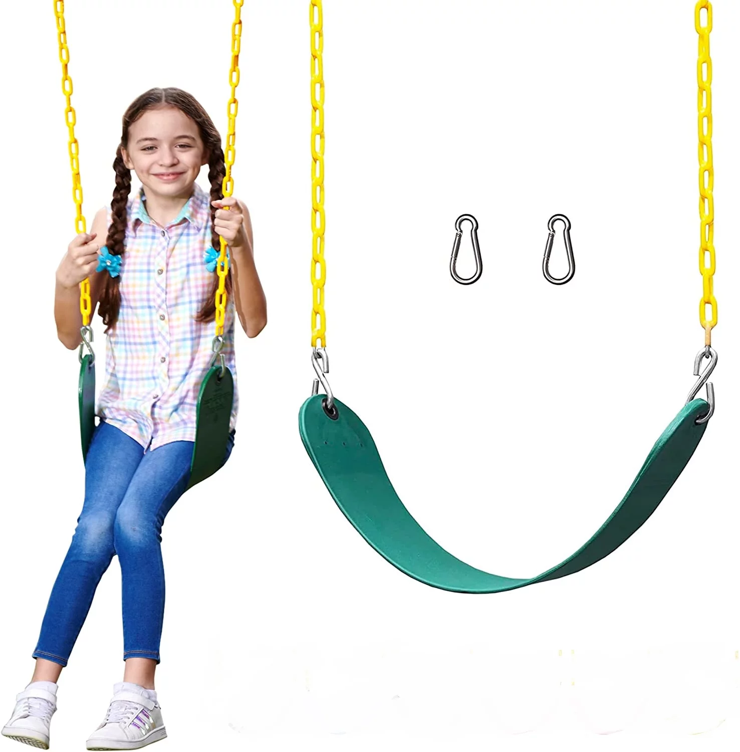 Belt Swing Seat with Pinch-Free Rubber Coated Metal Hanging Chains Belt Swings Holds 250 Pounds, Backyard Swingset Playground Accessories for Kids