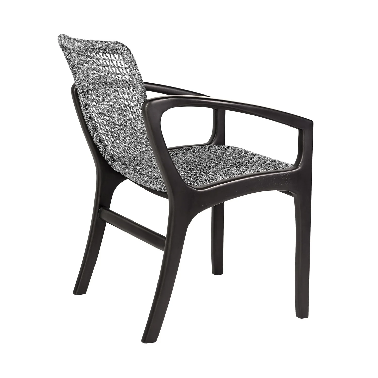 Benjara Tye 25 Inch Patio DIning Chair, Dark Eucalyptus Wood, Gray Rope Seating