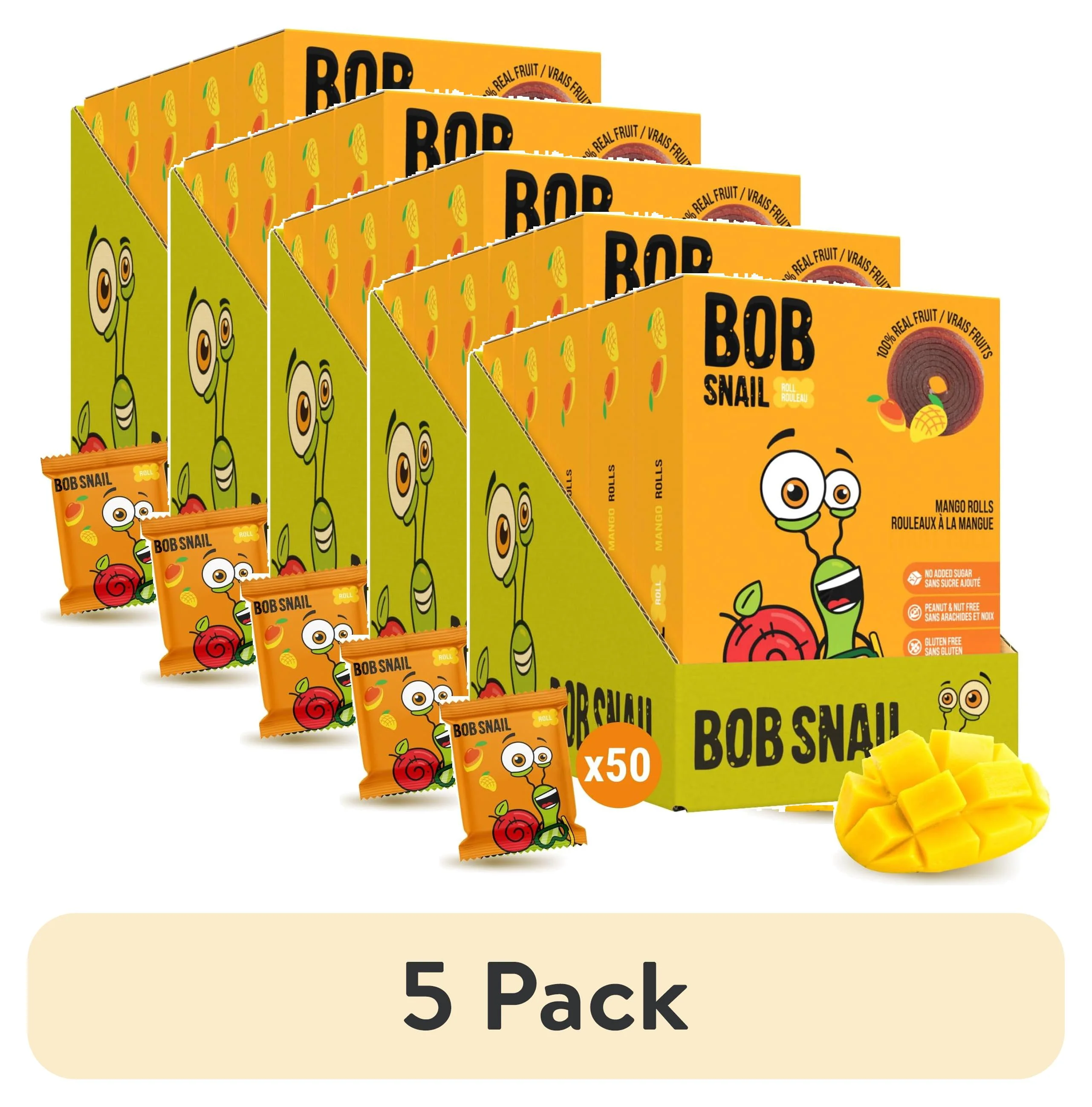 (5 pack) Bob Snail Fruit Roll, Mango, 10 Pouches, 0.35 oz (10 g) Each