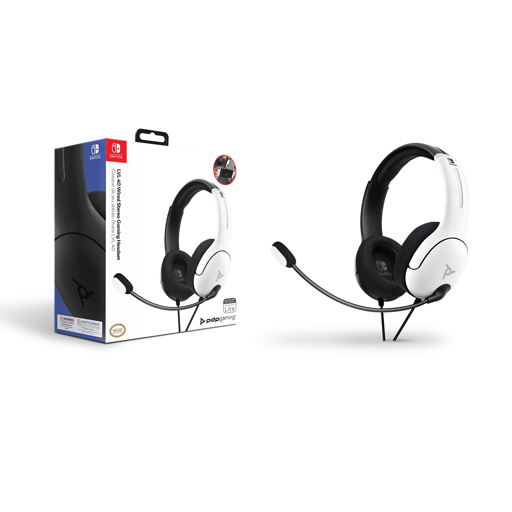 PDP Gaming LVL40 Wired Stereo Gaming Headset with Noise Cancelling Microphone: Nintendo Switch - Black & White, Nintendo Switch