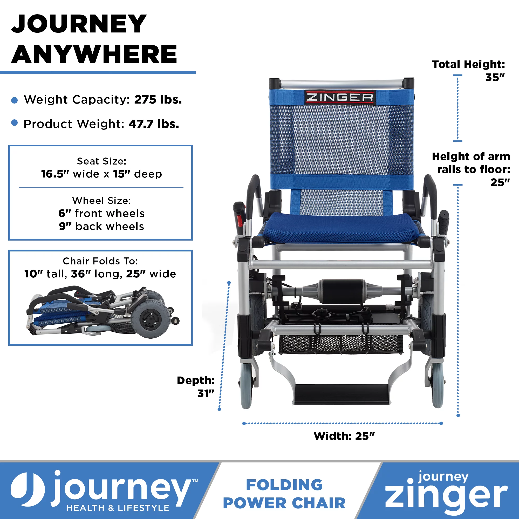 Zinger Folding Power Chair with Arm Rests Blue
