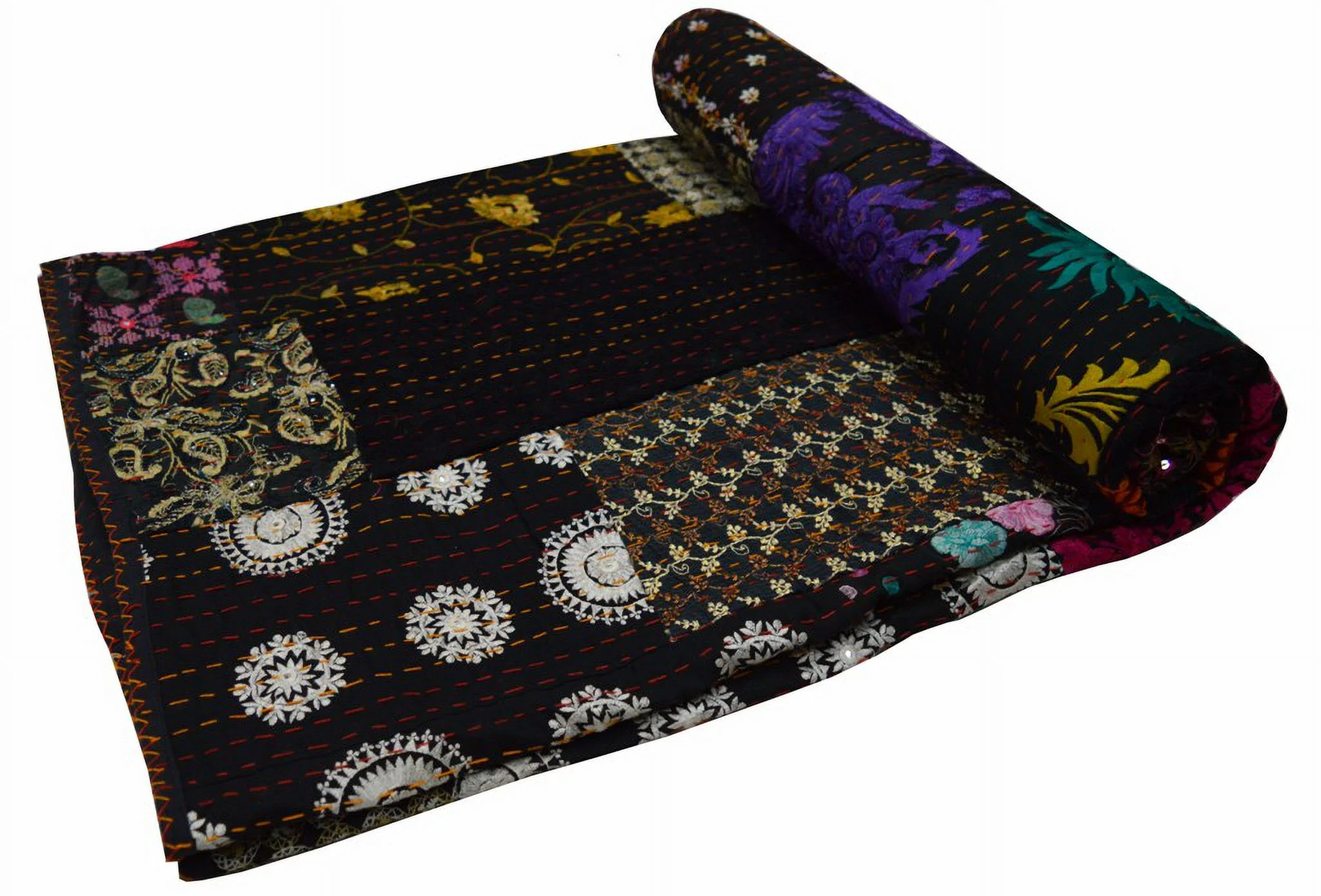 Indian Black Queen Size Patchwork Kantha Blanket Handmade Large Bedding Bedspread Throw Blanket Bohemian Hand Stitched Silk Kantha Quilts Black Patches