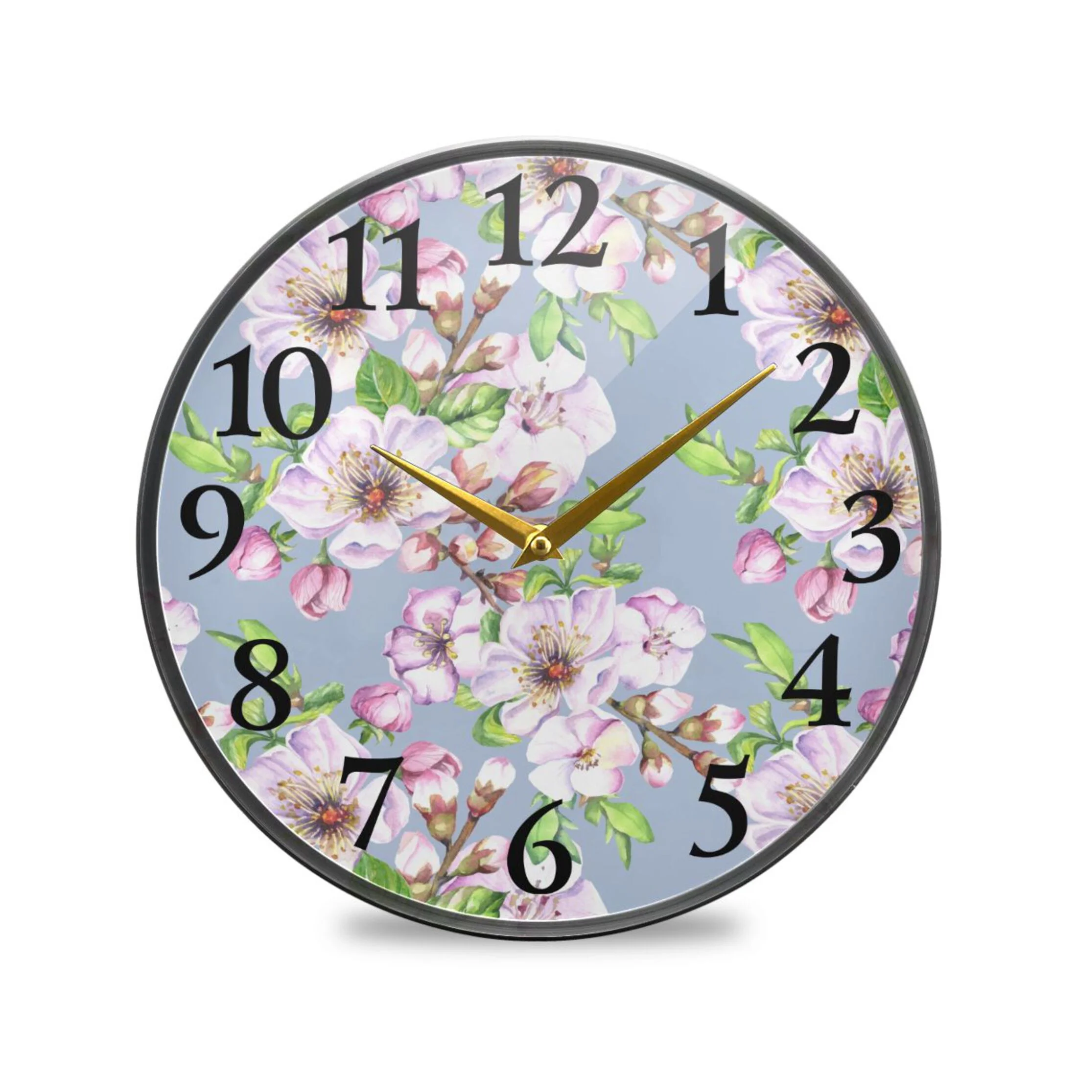 Watercolor Spring Flowers Wall Clocks Battery Operated 9.5 Inch Round Clock Acrylic Silent Non-Ticking Bedroom Living Room Decorative Clocks