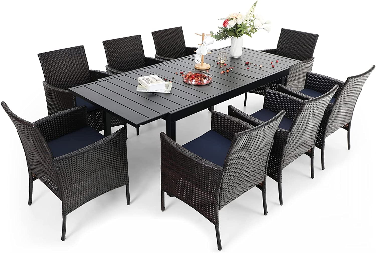 & William 9 Pieces Patio Dining Furniture for 6-8 People  Outdoor PE Rattan Chairs and Expandable Rectangle Metal Table Set  Modern Outside Dining Set with Cushions for Porch  Backyar