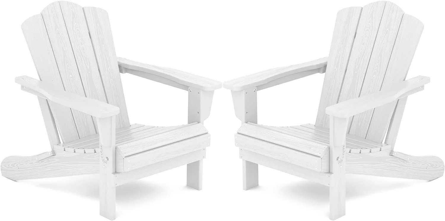 KINGYES Folding Adirondack Chair Set of 2, HDPE All-Weather Folding Adirondack Chair, White
