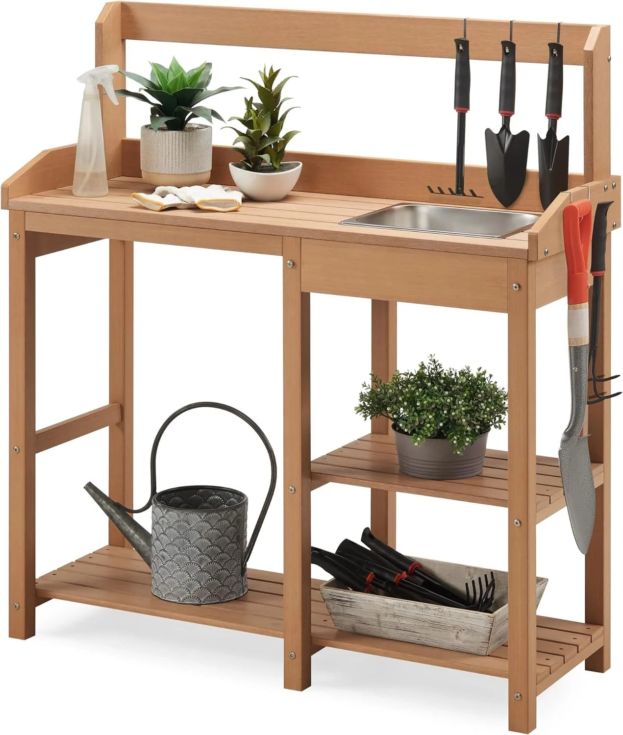 Potting Bench, Poly Lumber Potting Table with Removable Stainless Steel Sink and Open Shelves, All-Weather Garden Table Work Station, Planting Table for Garden, Patio and Lawns (Teak Color)