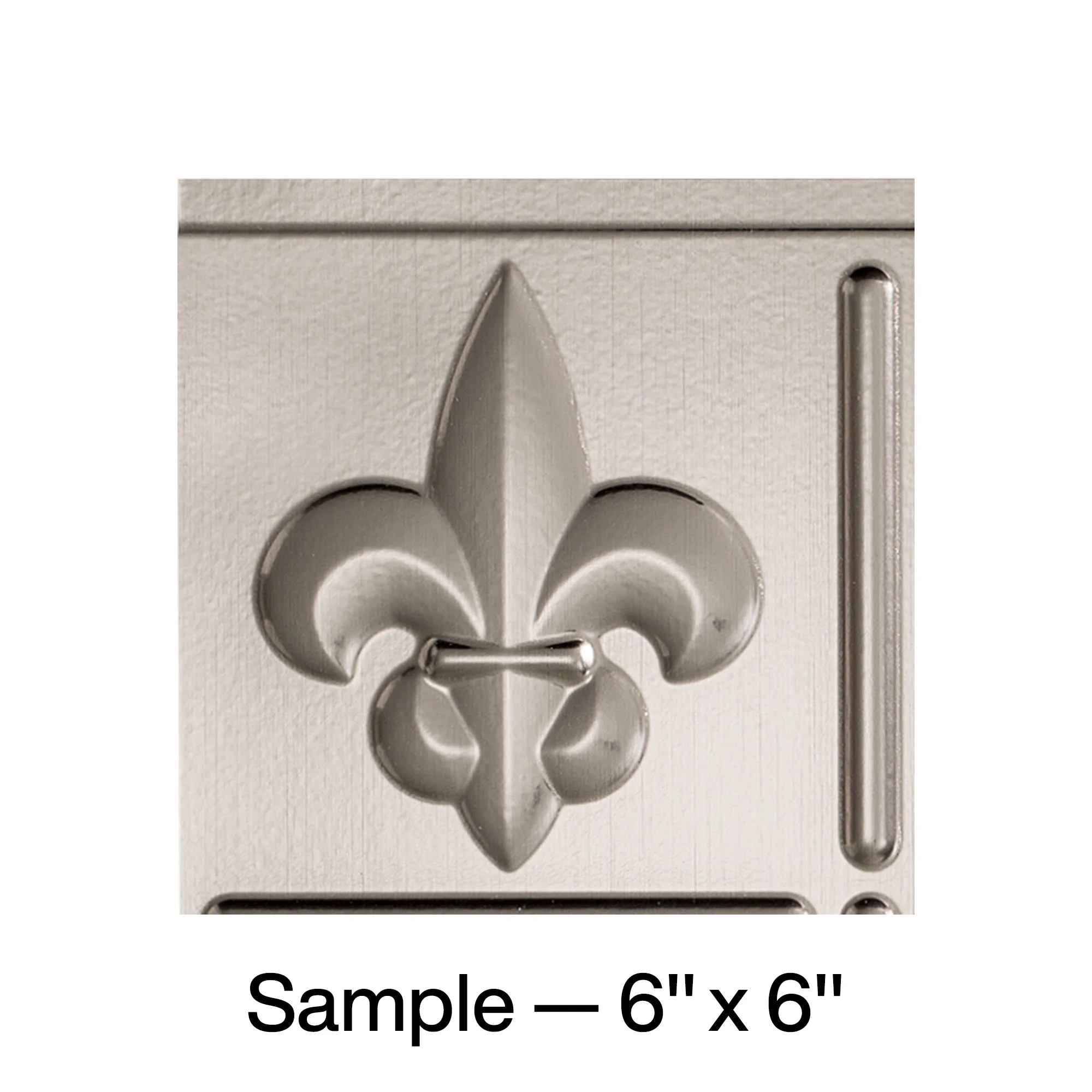 FASÄDE Fleur de Lis Decorative Vinyl Backsplash Panel in Brushed Nickel (6X6 Inch Sample)