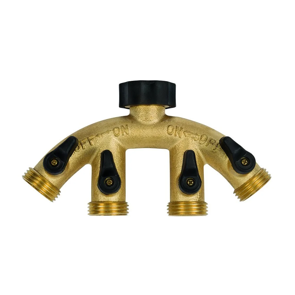 Gilmour Brass 4-Way Water Hose Manifold Connector, Garden Watering Splitter 44GF