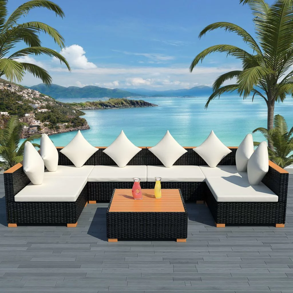 Anself 7 Piece Patio  Set with Cream White Cushions Black Poly Rattan Sofa Set  Conversation Set for Garden, Backyard, Patio, Balcony, Poolside