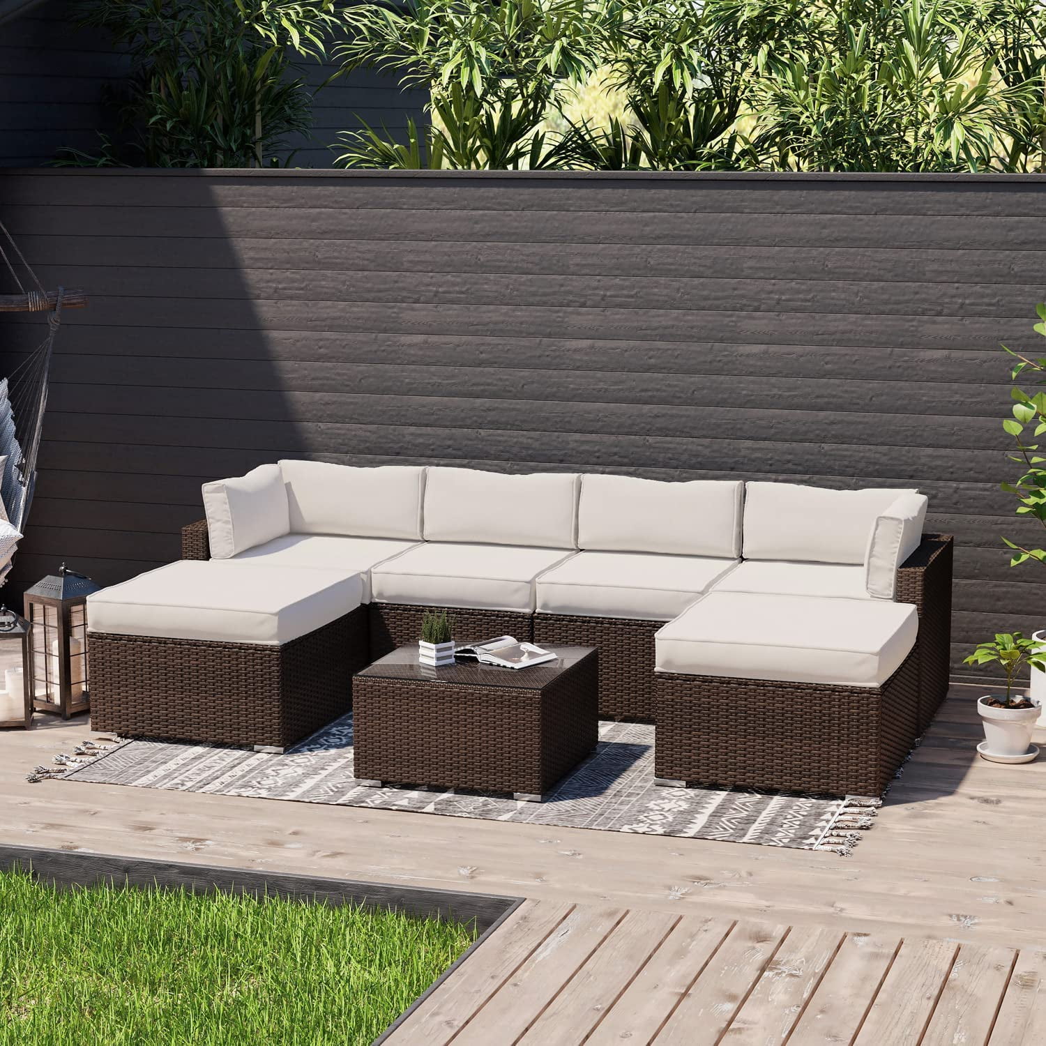 7-Piece Outdoor Patio  Chocolate Brown Wicker Executive Sectional Sofa w Dark Grey Thick Cushions  Glass-Top Coffee Table  2 Turquoise Pillows Incl. Rain Cover  Clips