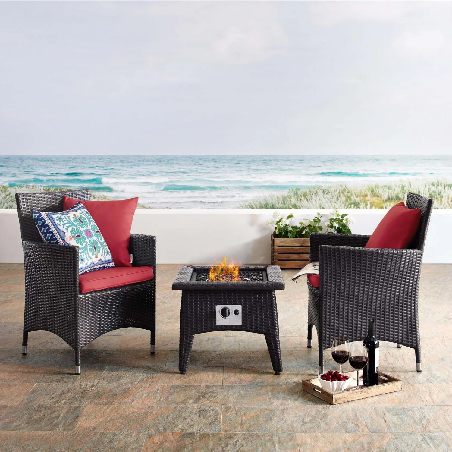 Side Dining Chair and Fire Pit Set, Red, Rattan, Wicker, Outdoor Patio Balcony Cafe Bistro Garden Hospitality Restaurant, Modern Contemporary HB33266