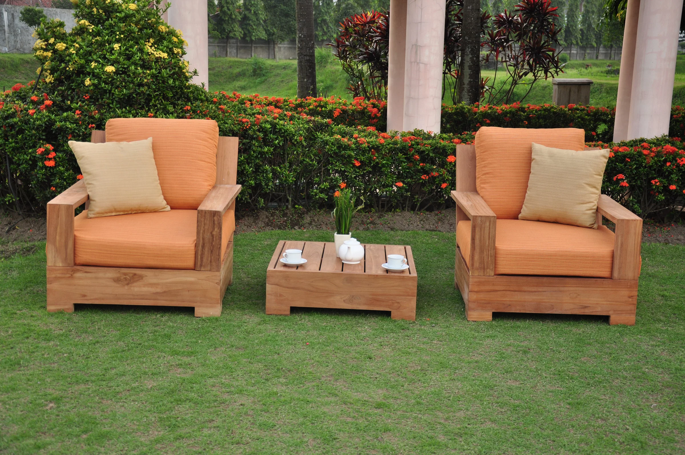 WholesaleTeak Outdoor Patio Grade-A Teak Wood 3 Piece Teak Lounge Chair Set -2 Lounge Chairs with Ottoman -Furniture only --Leveb Collection #WMSSLV6