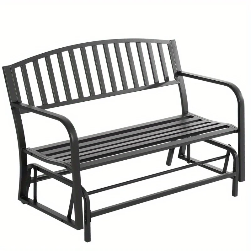 Zateety Outdoor Glider Bench, Glider Bench for Outside Patio with Armrests, Slatted Seat & Backrest, Loveseat with Power Coated Steel Frame, Black