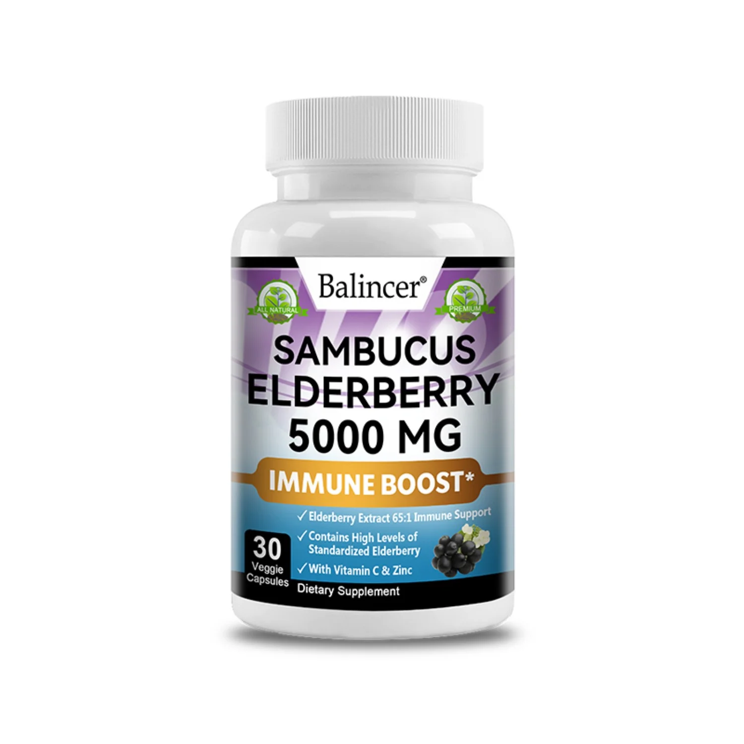 Balincer Elderberry 5,000 mg Super Concentrated 65:1 with Vitamin C and Zinc, Sambucus Extract Immune Support, Immune Defense, Non-GMO