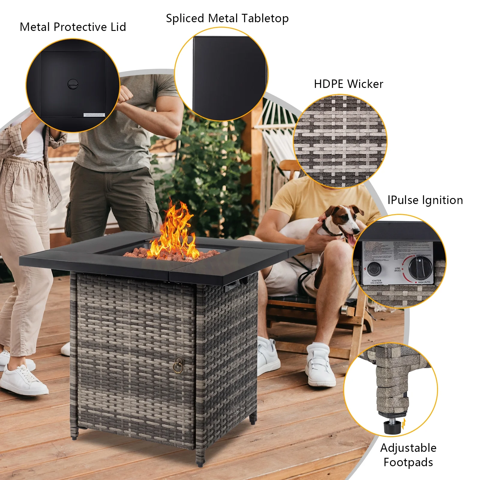 28-Inch Gas Fire Table, 50000 BTU Firepit with Volcanic Stone in Black - Outdoor Patio Heater and Entertainment Center