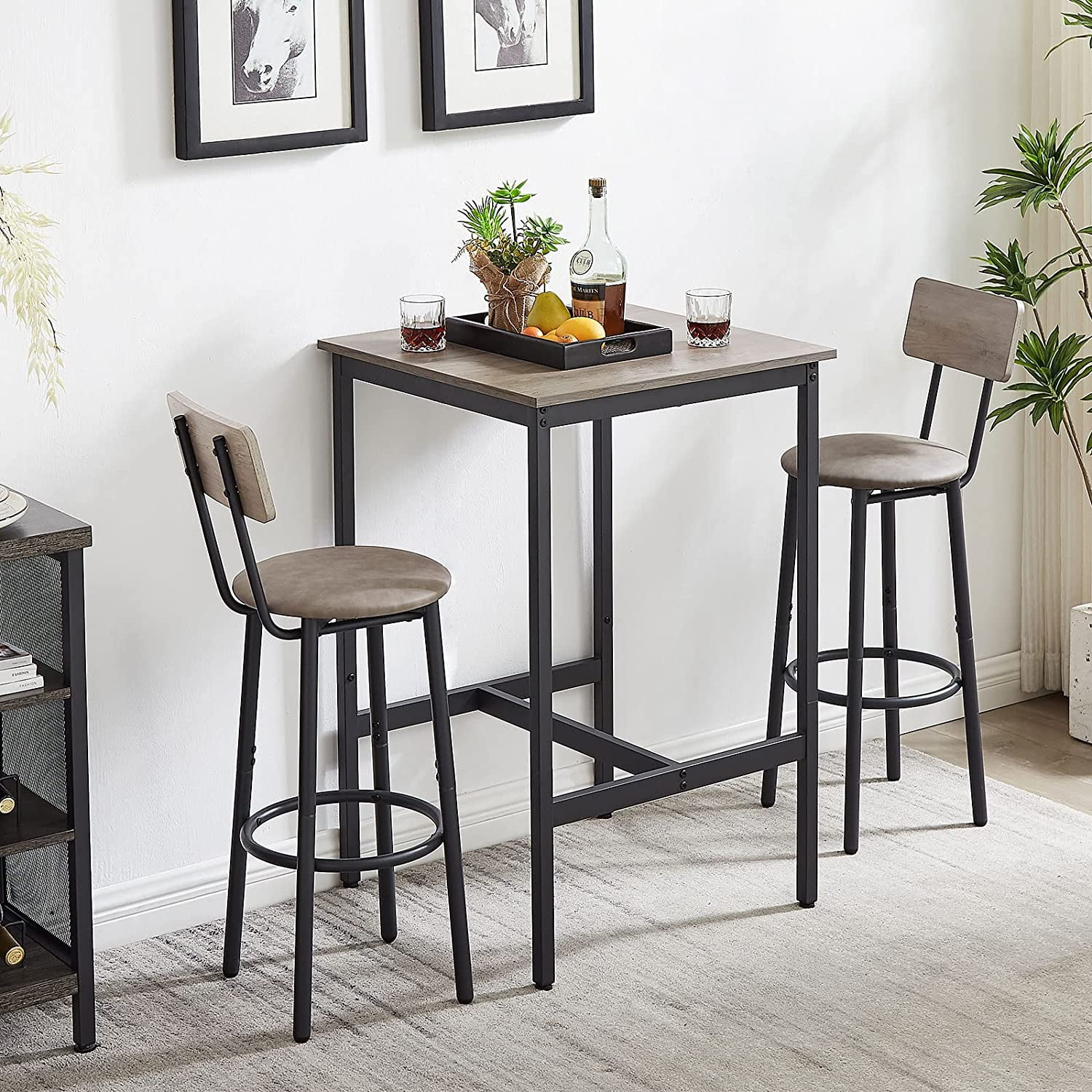 HBLUKDL and Chairs Set for 2  3-Piece Pub Dining Set Wooden Bistro  with 2 PU upholstered Stools Counter Height Kitchen  Set for Breakfast Nook  Restaurant  Small Space(Grey)