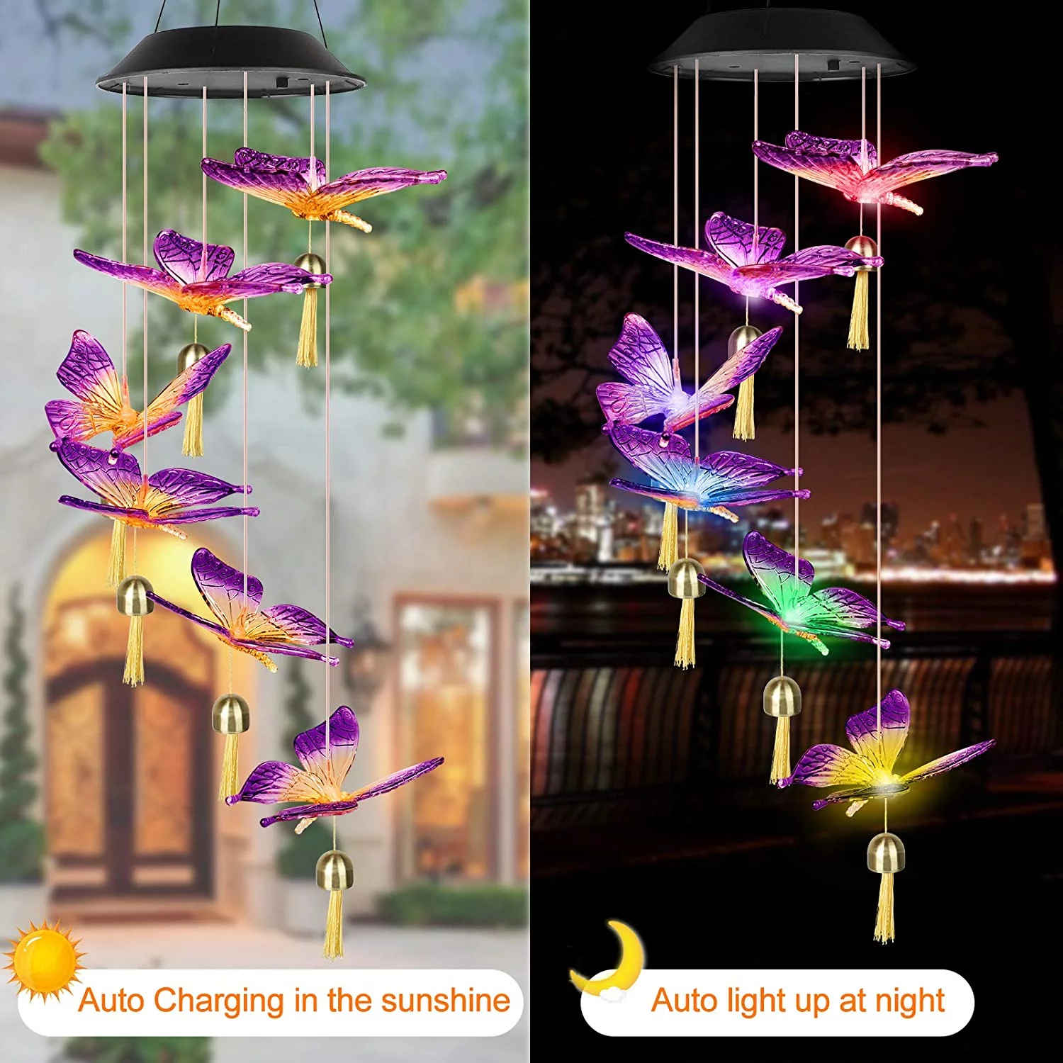 Solar Powered Butterfly Wind Chime with Bell, Waterproof Color-Changing Outdoor Decoration Colorful Hanging Light for Home Party Yard Garden Patio Porch, Unique Birthday