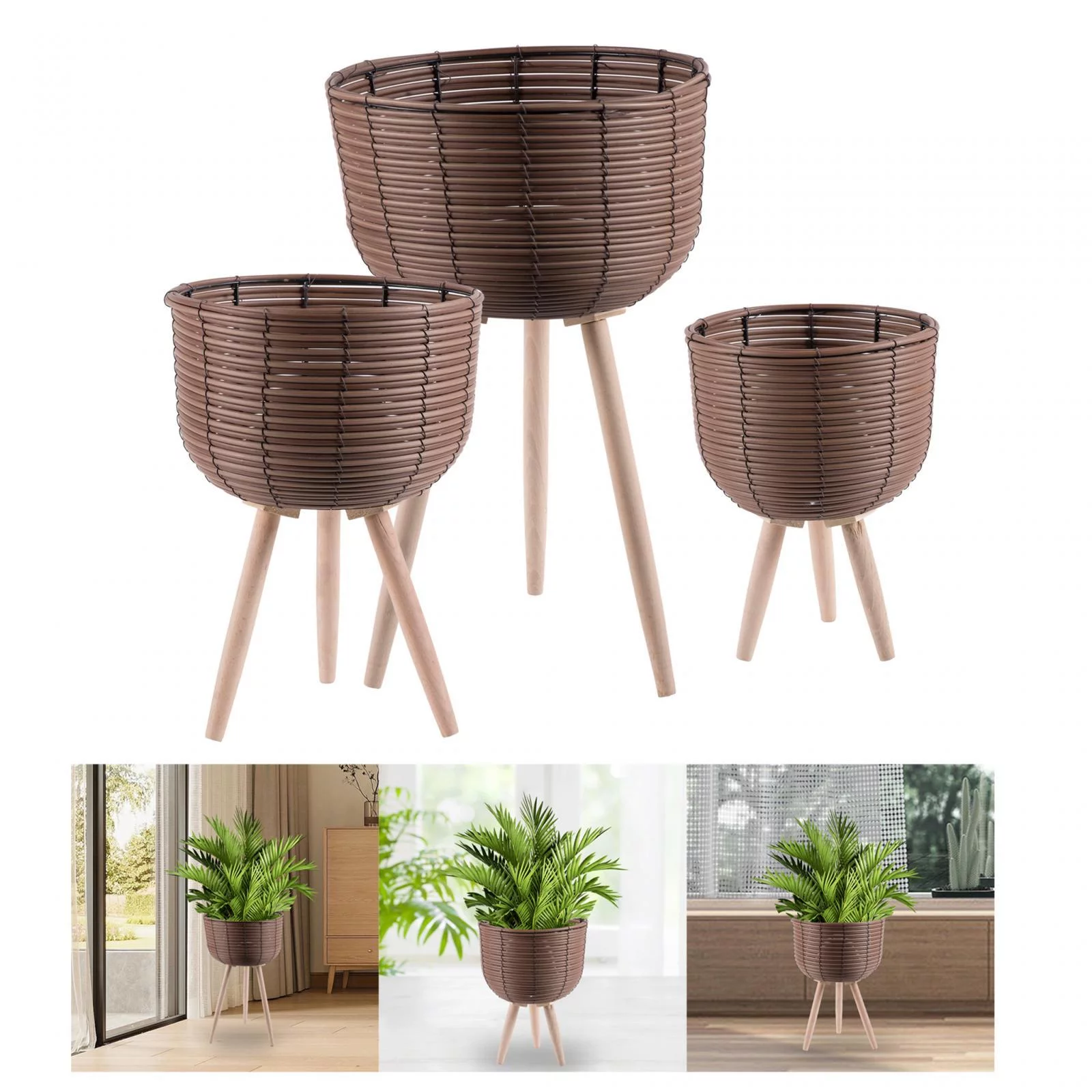 3Pcs PP Basket Flower Pots Indoor Plant Stand Flowerpot Sturdy 35cm 44cm and 56cm Tall Easily Install Handmade Multipurpose for Home Decor