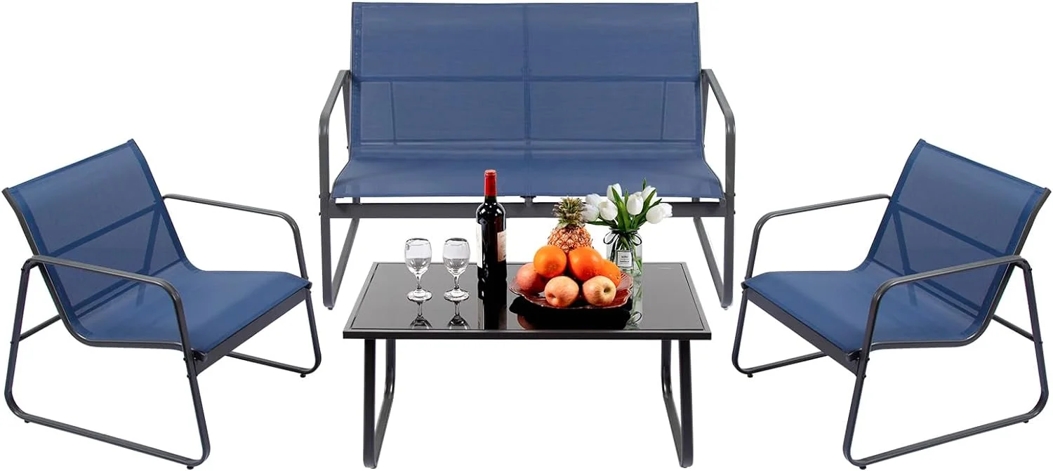 4 Pieces Patio Furniture Set Outdoor Patio Conversation Sets Poolside Lawn Chairs with Glass Coffee Table Porch Furniture for Courtyard, Garden and Balcony (Blue)