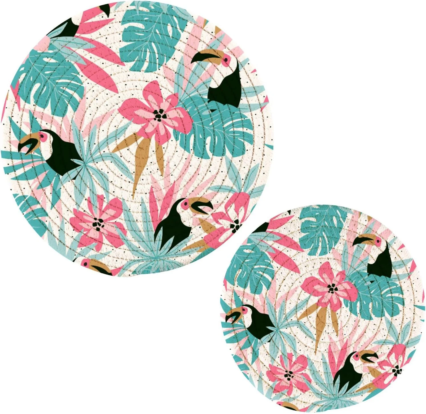 SKYSONIC Tropical Flowers Summer Pot Holders Trivets, 2 Pcs Heat Resistant Trivets,Cute Toucan Cotton Thread Weave Mats for Hot Pads Pans Pot Bowl Teapot for Kitchen Decor