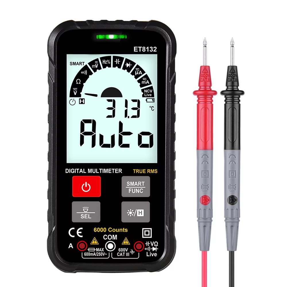 TOOLTOP ET8132 2.88 Inch Display Screen Handheld High Accuracy Digital Multimeter AC DC Voltage Current Resistance Frequency Capacitance Meter Automatic Identification True RMS 6000 Counts w