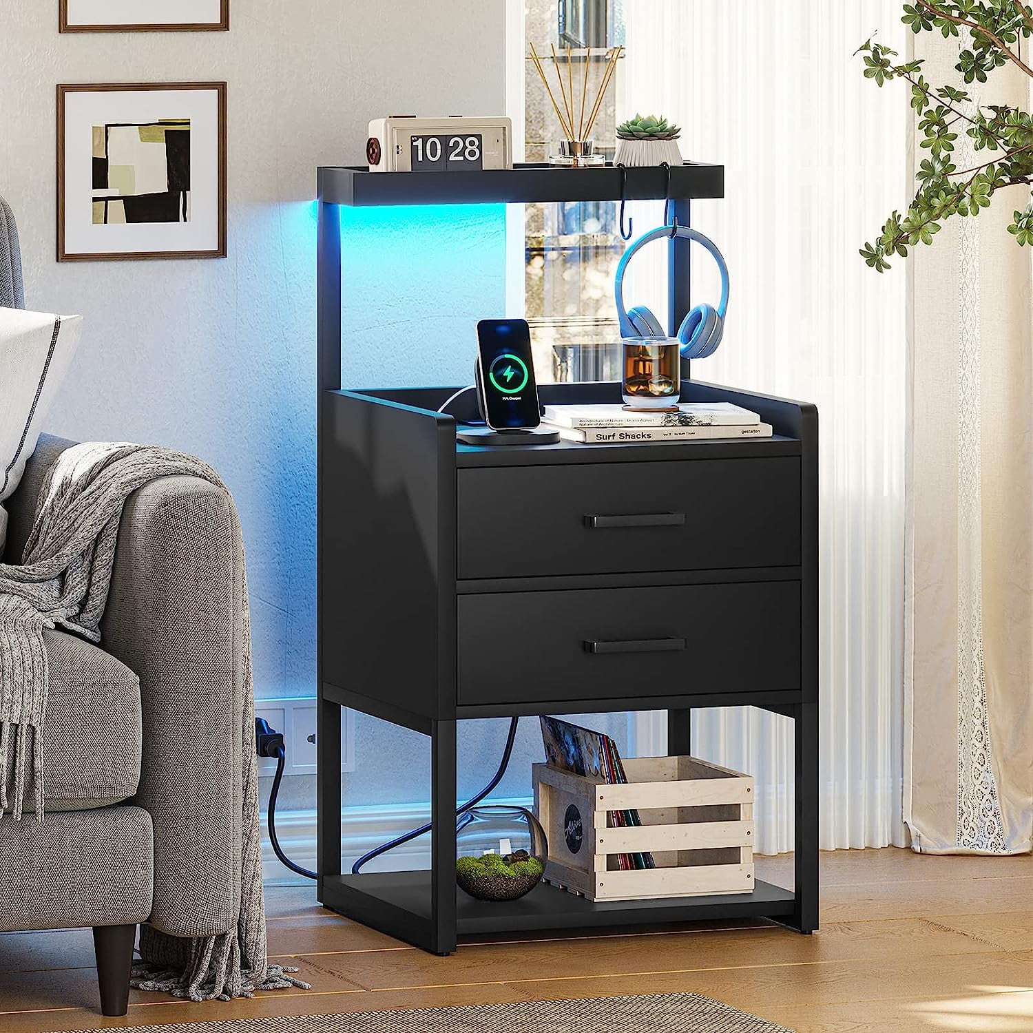 Set of 2 LED Nightstand with 2 Drawers&Charging Station&Led Lights, Modern End Side Table for Bedroom Living Room, Black