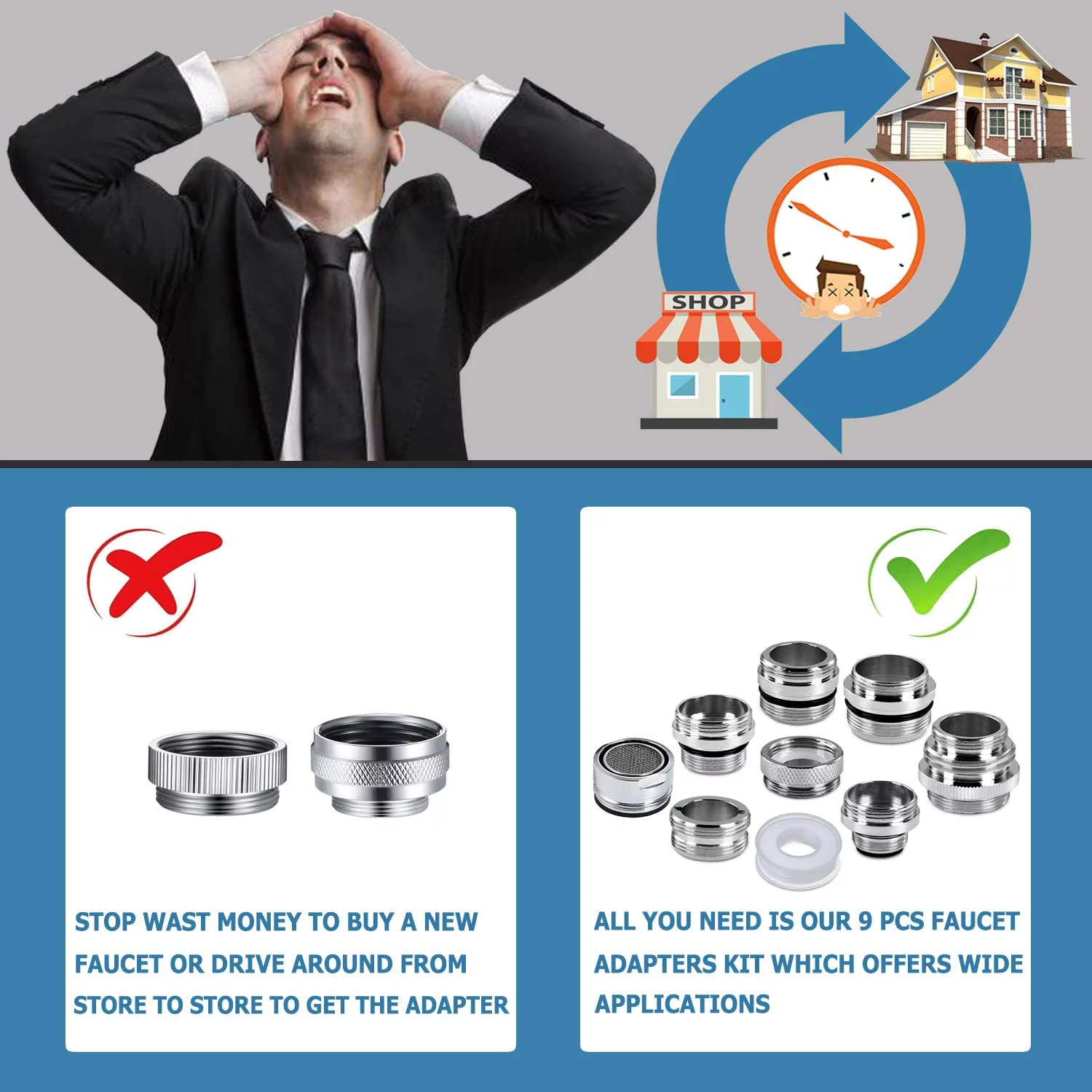 9 Pieces Faucet Adapter Kit, Brass Aerator Adapter Male Female Kitchen Sink Faucet Adapter to Garden Hose, Water Filter, Standard Hose via Diverter with Faucet Aerator and Thread Seal Tape