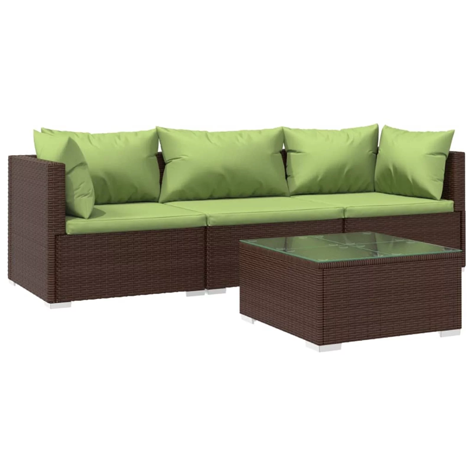 Anself 4 Piece Patio  Set with Green Cushions Conversation Set Poly Rattan Brown  Sectional Sofa Set Steel Frame for Garden, Balcony, Lawn, Yard, Deck