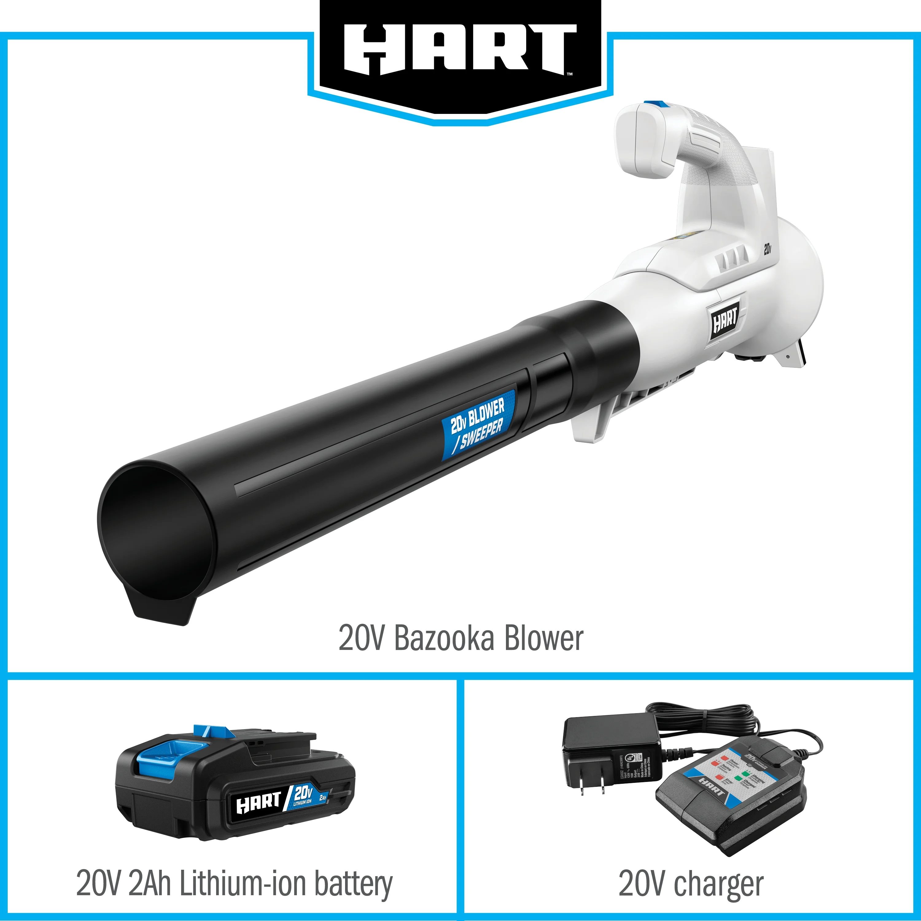 Hart 20-Volt 200 CFM Bazooka Blower Kit, (1) 20-Volt 2Ah Lithium-Ion Battery and Charger