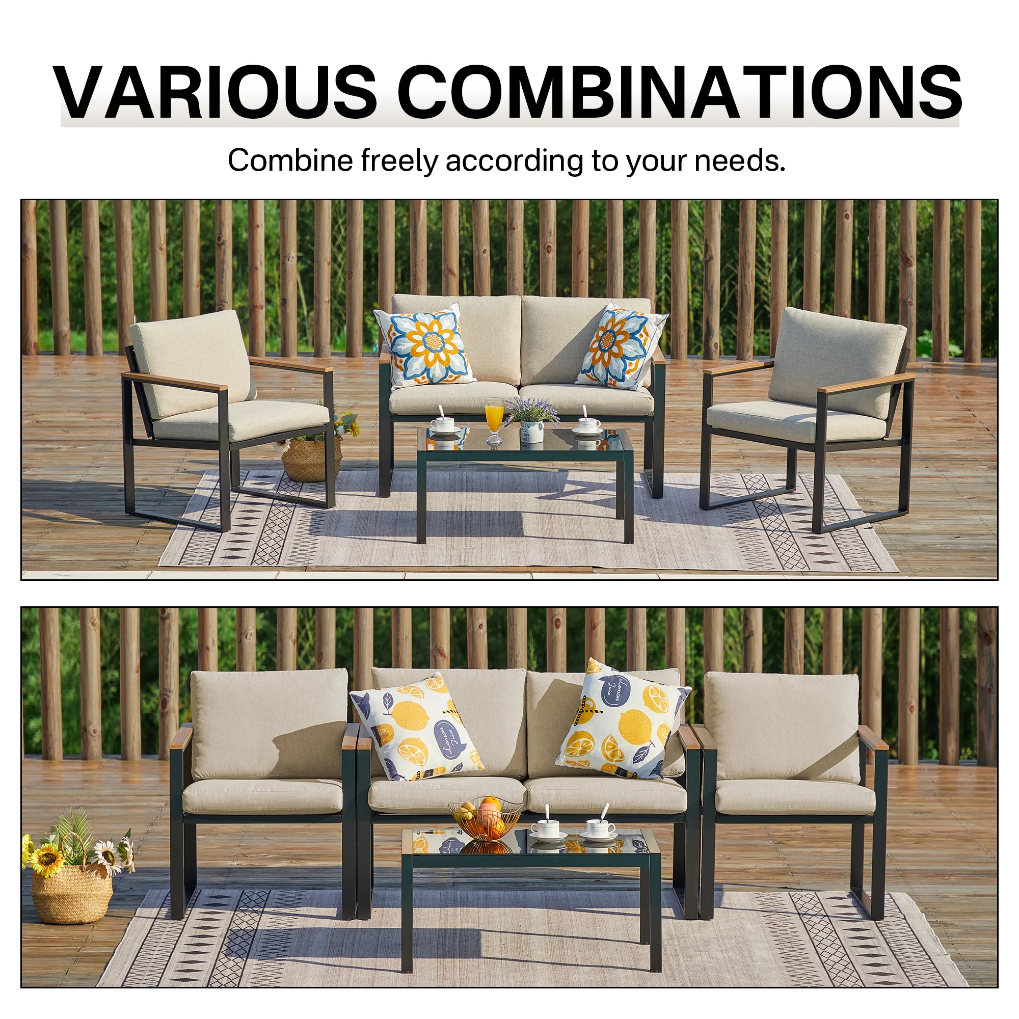 Natural Expressions 4 Pieces Conversation Set, Beige Rectangular Modern Patio Furniture Set