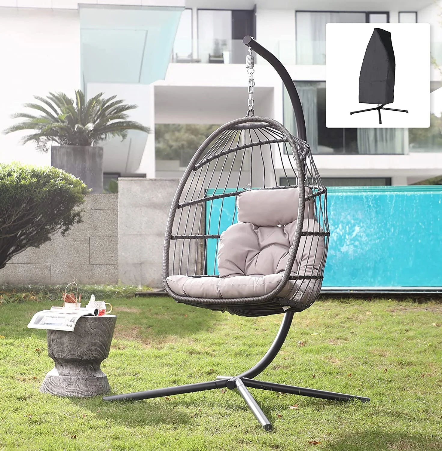 HVSDIMO TUIONMJ Indoor Outdoor Egg TUIONMJ Chair with Stand  Patio Grey Wicker Rattan Hanging Chair with Rope Back  Cushion Cover All Weather Foldable Hammock Chair for Bedroom  Porch  Ga