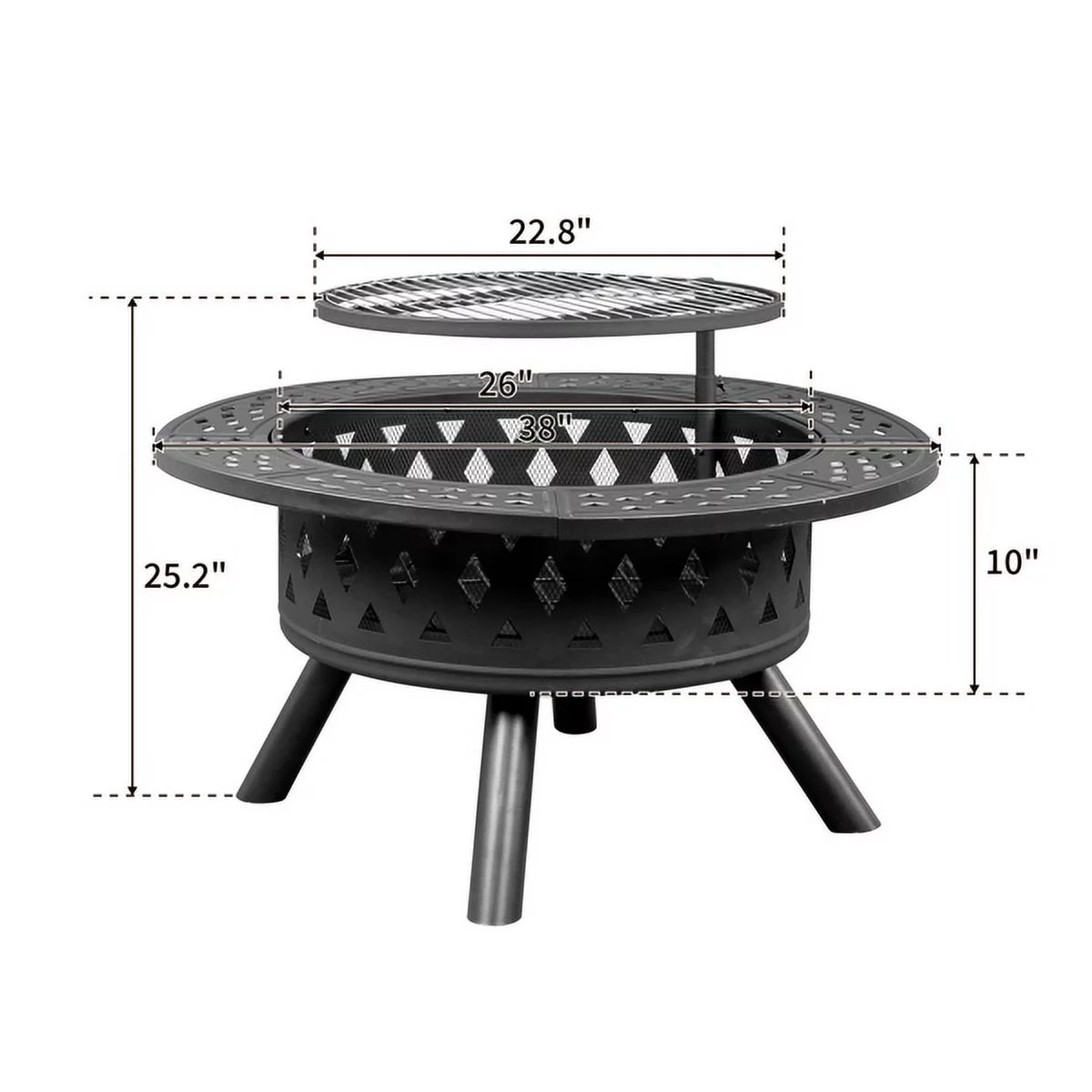 38in round with baking tray, wood-burning brazier, wrought iron, black 38in Metal Fire Pit with Cooking Grates Black