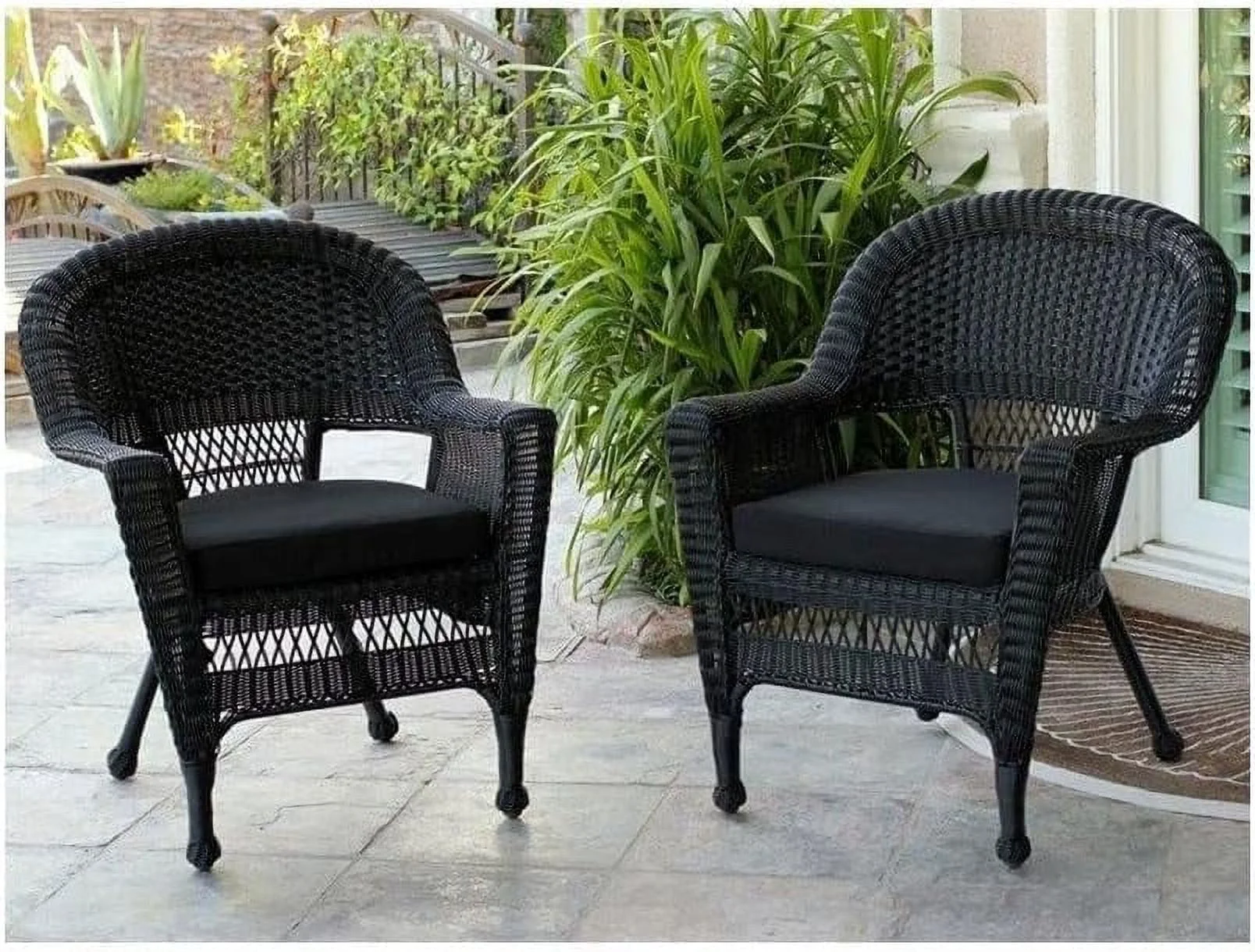 Wicker Chair With Cushion, Set Of 2, Black