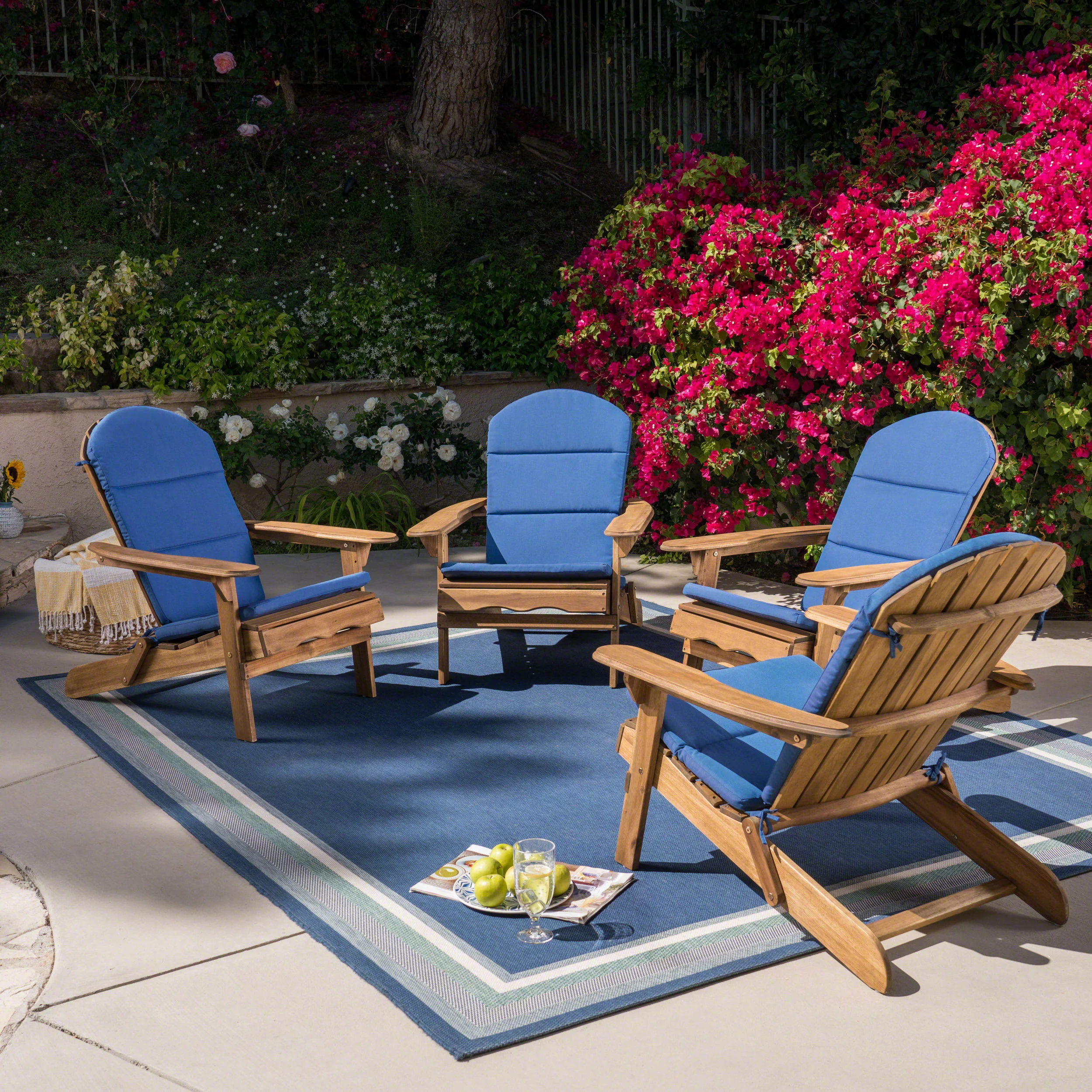 GDF Studio Cartagena Outdoor Acacia Wood Folding Adirondack Chairs with Cushions, Set of 4, Natural and Navy Blue