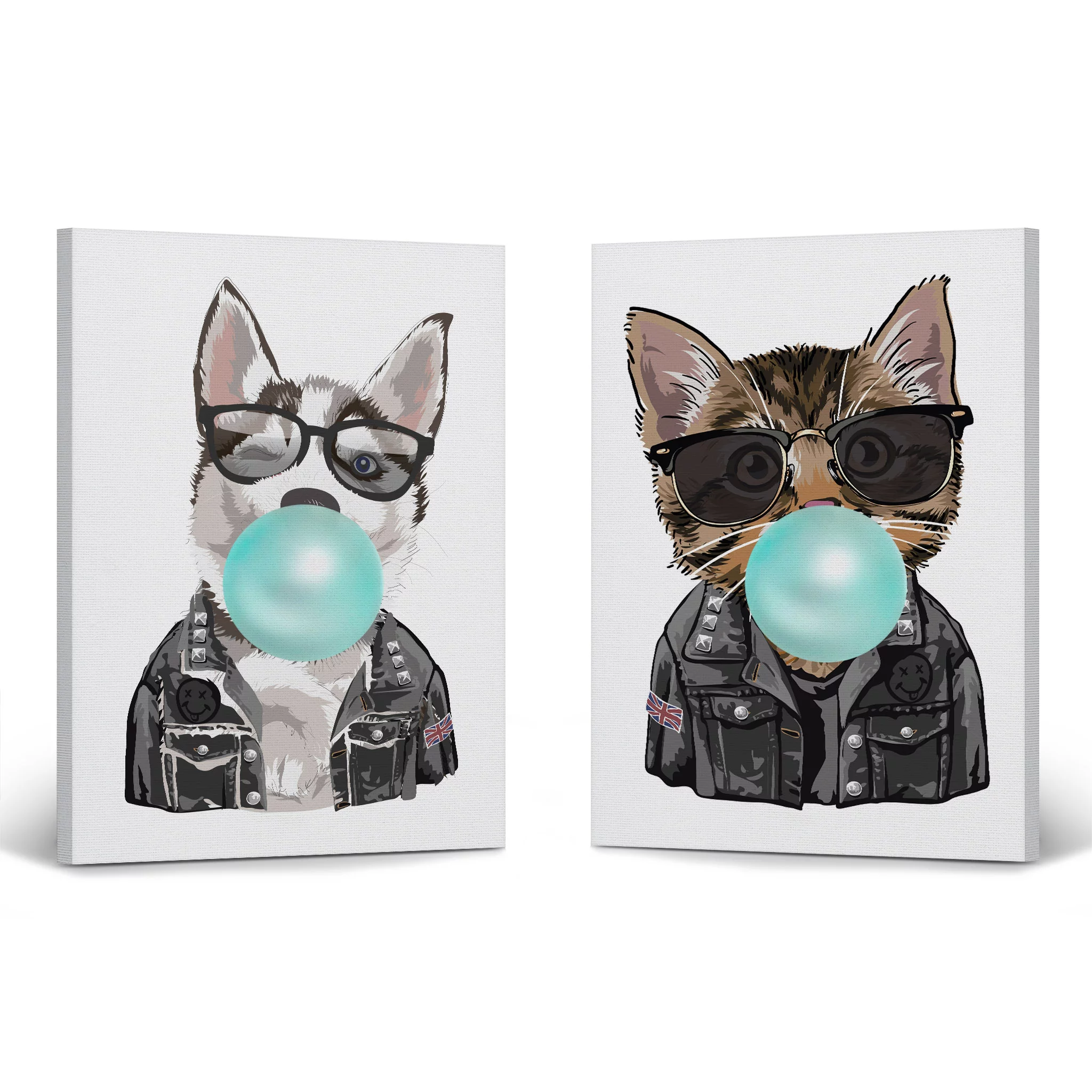 Smile Art Design Portrait of Husky Dog and Cat Chewing Teal Blue Bubble Gum 2 Piece Canvas Wall Art Print Set Animal Pop Art Living Room Bedroom Kids Baby Nursery Room Decor - 40x30