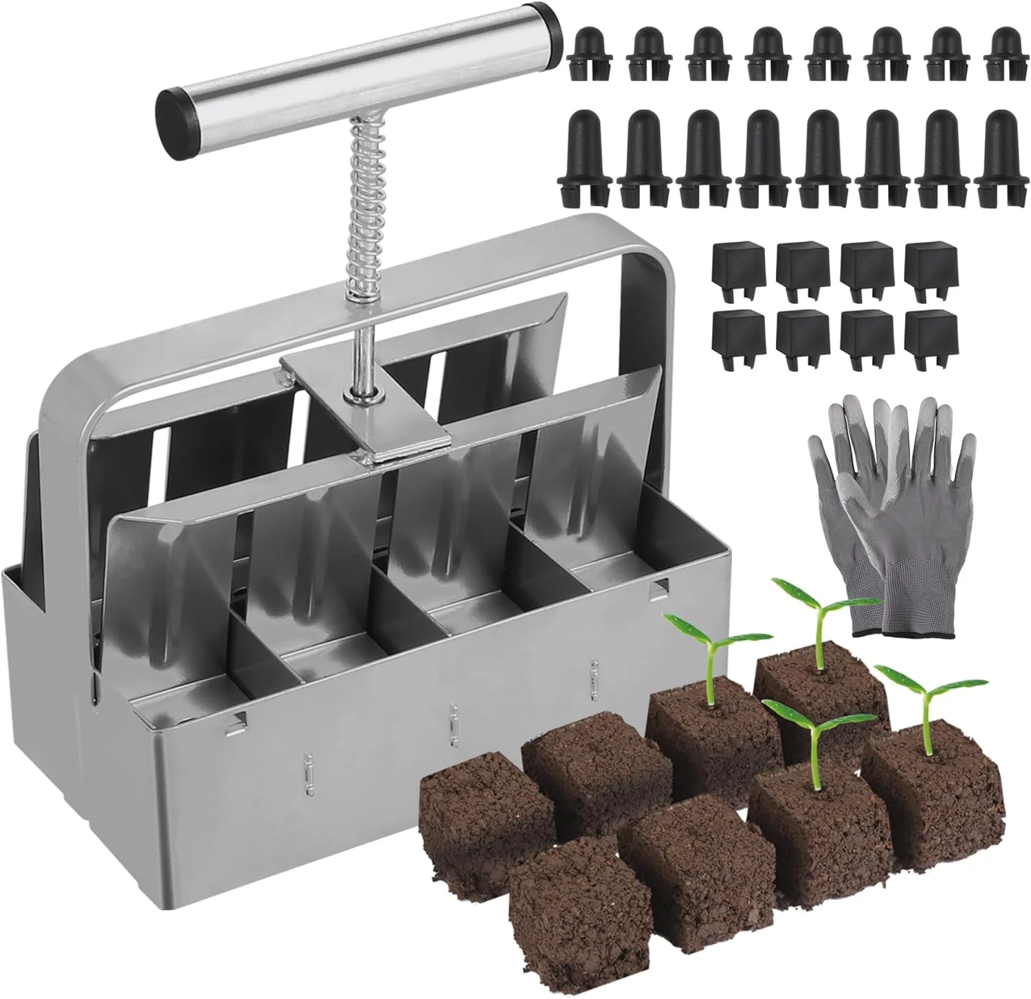 Soil Block Maker, 8 Cell Hand Held Seed Block Maker with Garden Gloves, 2 Inch Molds Blocking Tool for Seed Starting, Protecting Seedling Transplants from Damage