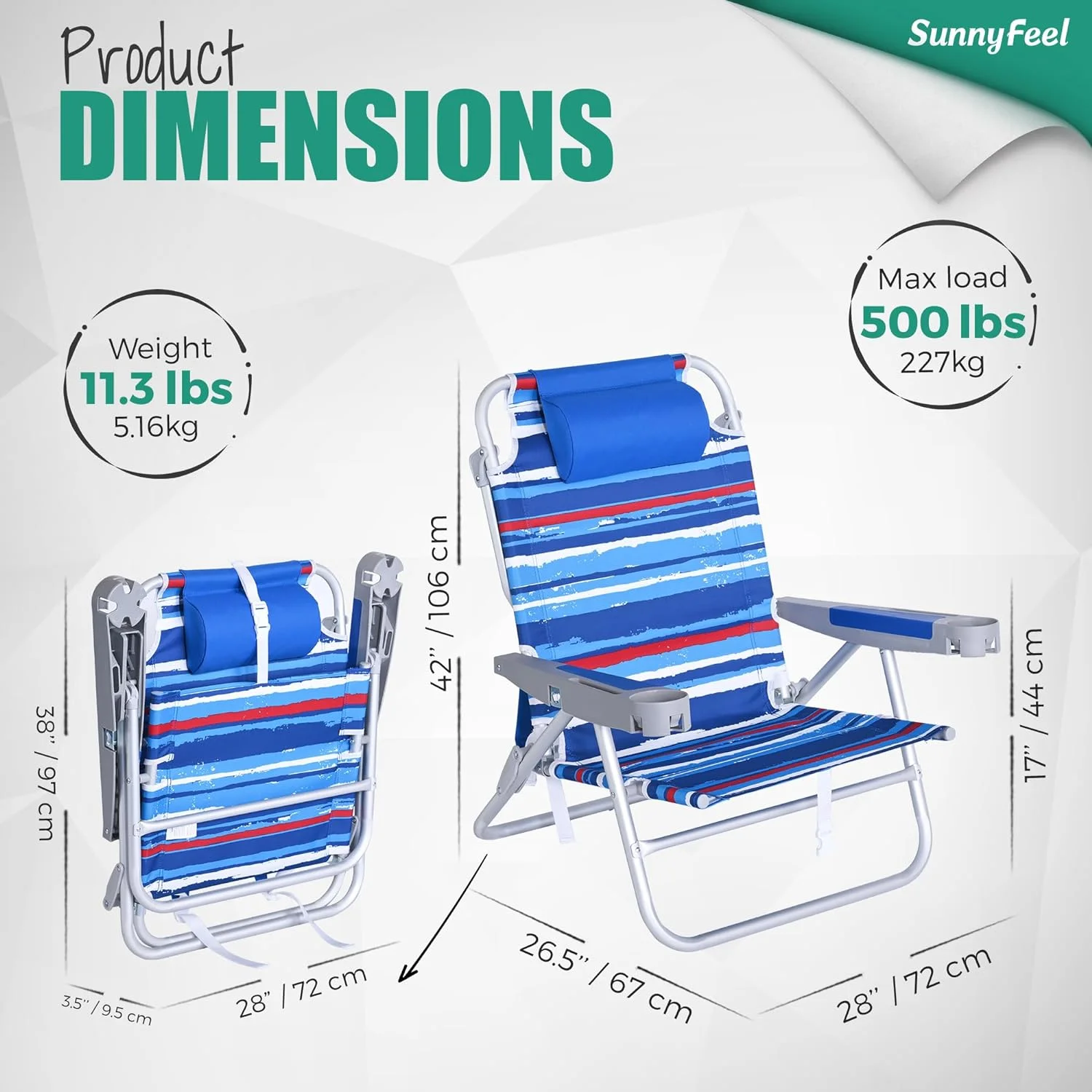 SUNNYFEEL Extra Wide Low Beach Chair 2 Pack 5 Position Lay Flat 500 LBS Heavy Duty, XL Oversized Folding Camping Chairs with Cup Holder for Outdoor/Sand, Portable Backpack Beach Chair for Adults