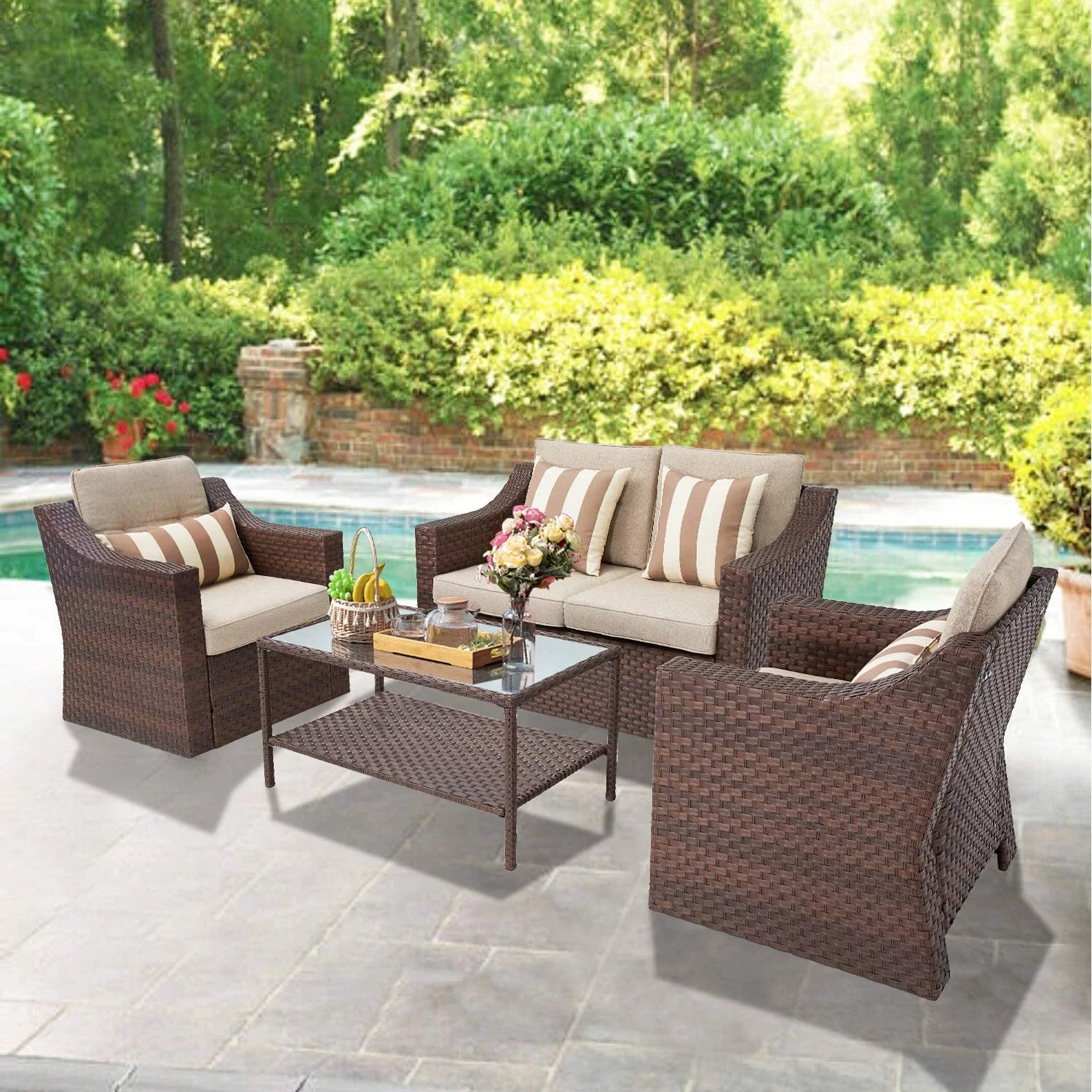 Dina 5 Piece Patio Conversation Set Outdoor Furniture Set  Brown Wicker Lounge Chair with Ottoman Footrest  W/Coffee Table & Cushions (Beige) for Garden  Patio  Balcony  Deck