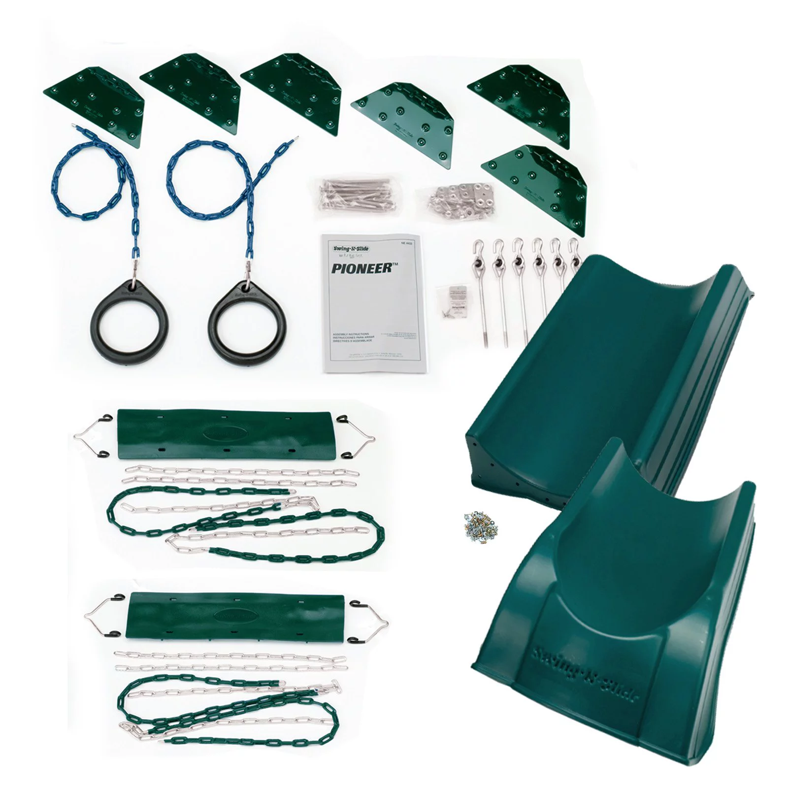 Swing-N-Slide NE 4433-SUM Pioneer Deluxe DIY Play Set Hardware Only Kit with Slide, Includes Hardware, Swings and Slide - Wood Not Included