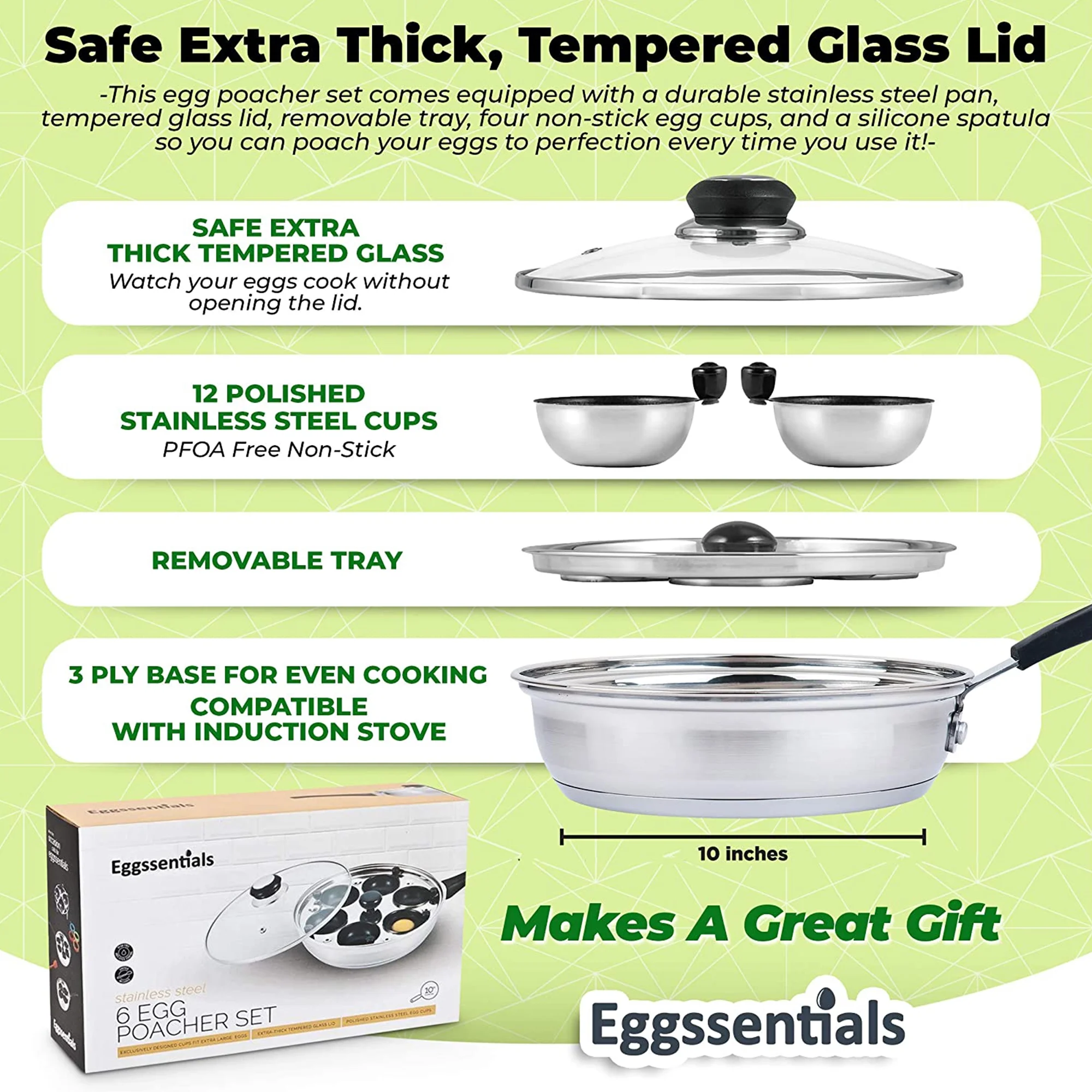 Eggssentials Stainless Steel Egg Poacher Pan Non Stick Poached Egg Cooker with Spatula and 6 Extra Cups