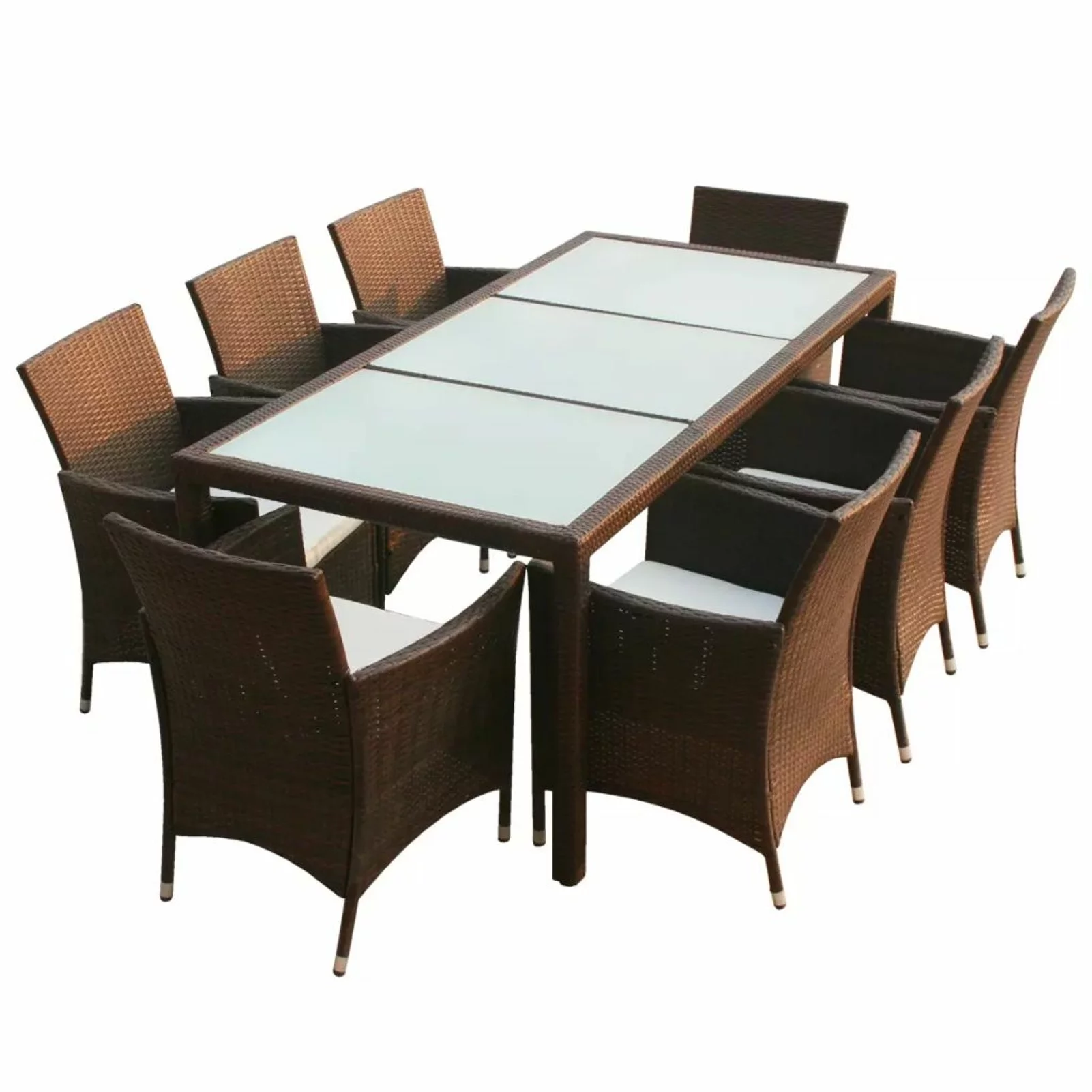 Carevas 9 Piece Patio Dining Set with Cushions Poly Rattan Brown