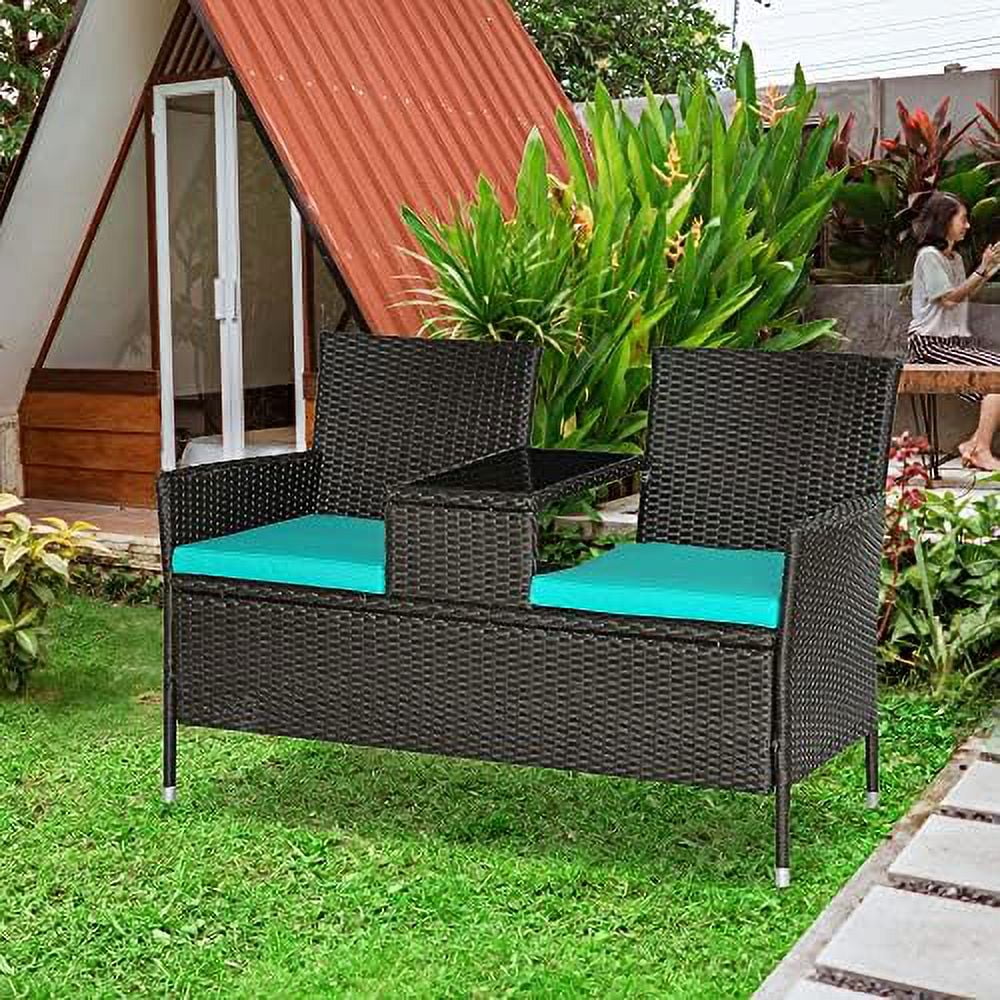 xrboomlife Outdoor Patio Loveseat Conversation  Set  Cushions & Built-in Coffee Table  Small 2-in-1 2 Person Seating for Front Porch  Balcony  Blue