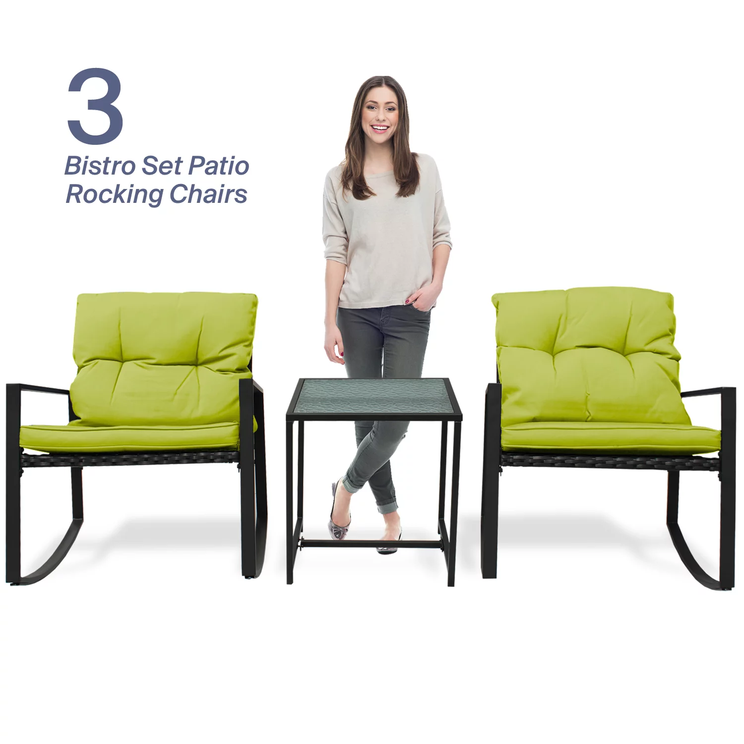 Patio 3-Piece Rocking&nbsp;Rocking Chair Set: Black Wicker Furniture-Two Chairs with Glass&nbsp;occasional&nbsp;Table