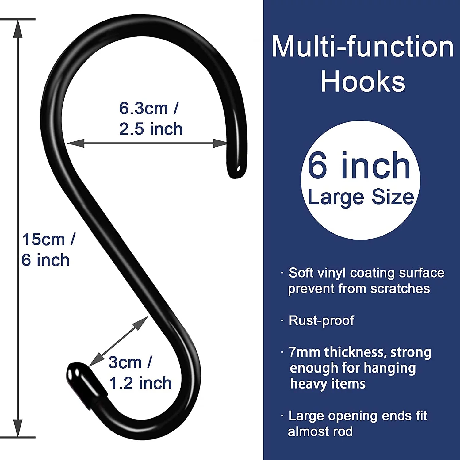 6 Inch Large S Hooks for Hanging Plants, Non Slip Vinyl Coated S Hooks Heavy Duty, Metal Black Closet Hanger Hooks for Hanging Plant Jeans Pot Pan Clothes Purses Towel Bags Scarfs- 8 Pack