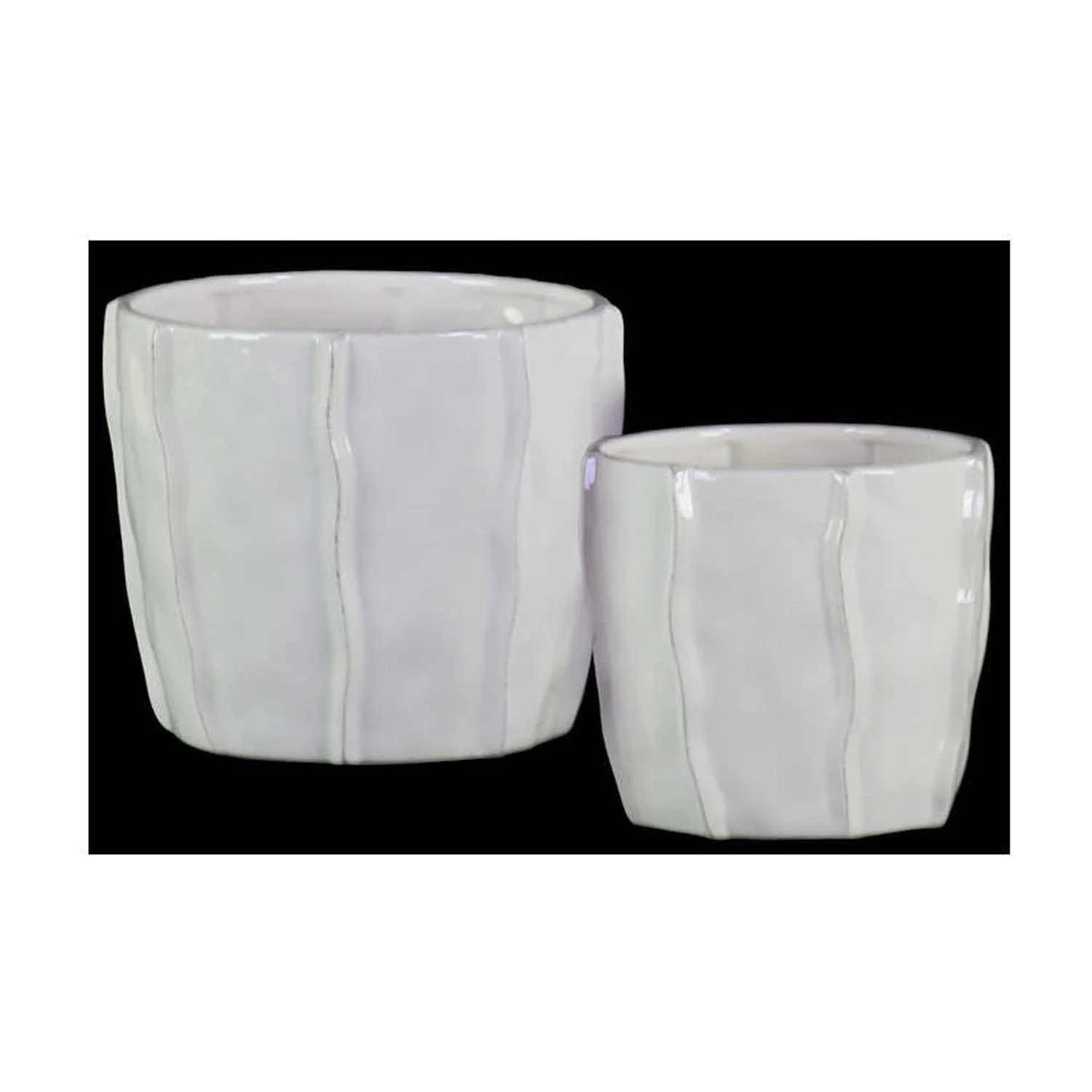 Urban Trends Collection  Ceramic Low Pot with Embedded Wave Design Body - White - Set of 2