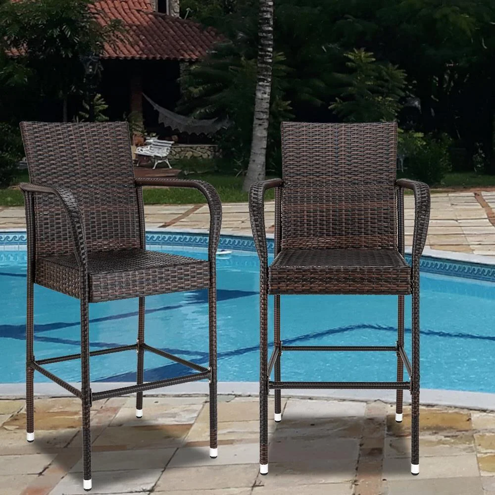 2 Pieces Lawn Patio Single Backrest Bar Chairs PE Rattan Iron Wicker Furniture