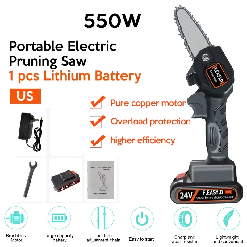 Rechargeable Cordless Chain Saws, Portable 24V Electric Pruning Shears Chainsaw for Wood Cutting