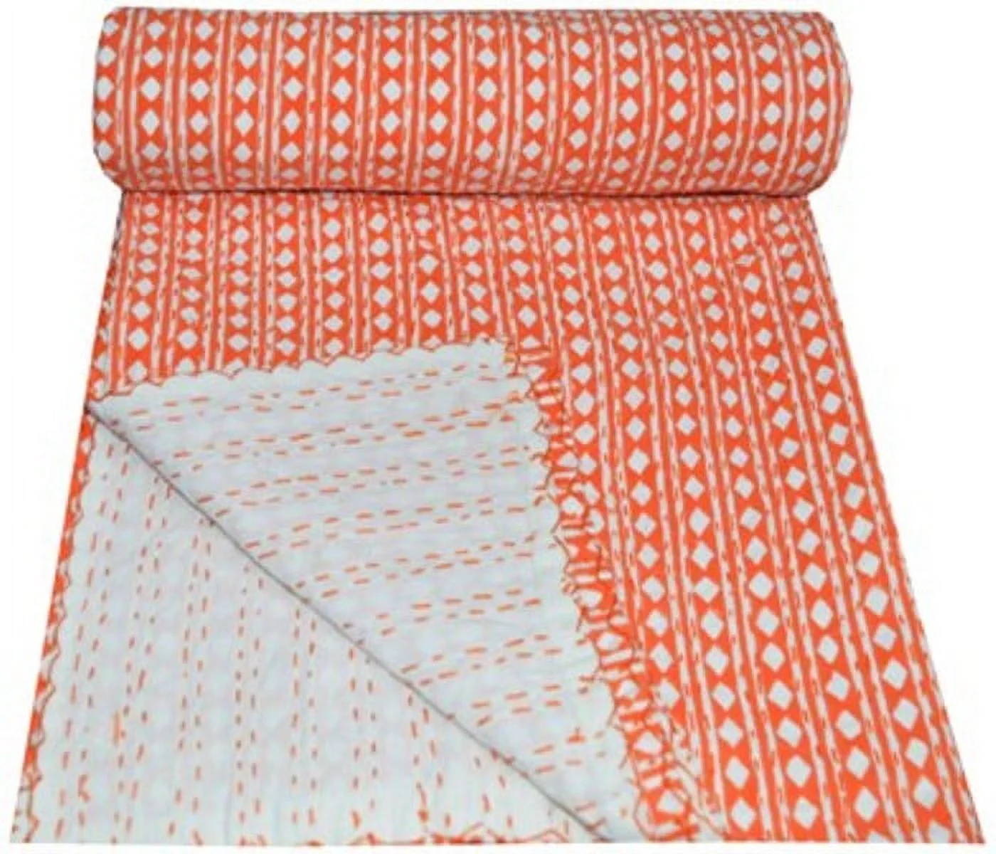 Hand Block Print Orange Dot Print Quilt Indian Kantha Quilt Kantha Bedspread Kantha Blanket Cotton Throw Handmade Quilt Single Size Quilt Bedding