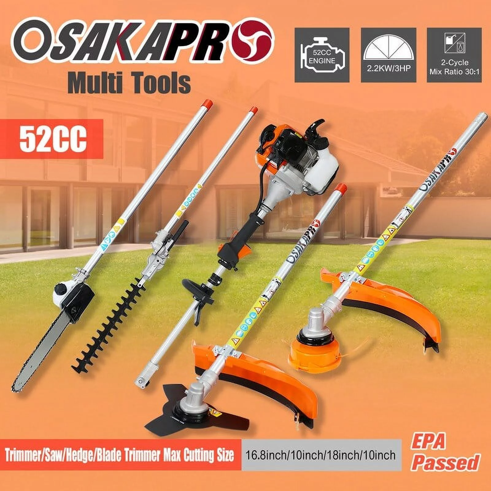 4 in 1 Trimming Tool, 52CC 2-Cycle Garden Tool System w/ Gas Pole Saw, Hedge Trimmer, Brush Cutter